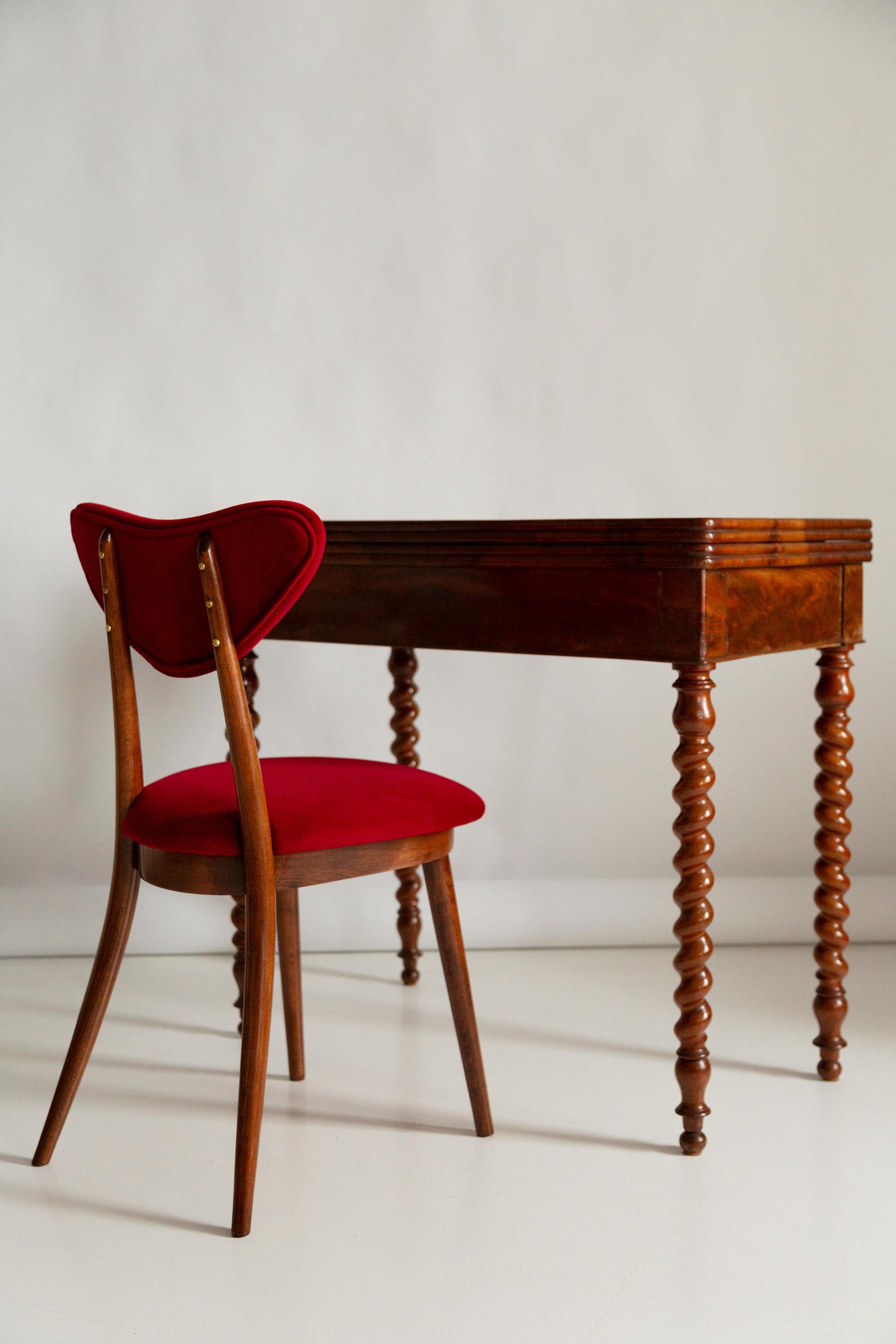 Polish Mid Century Red Velvet, Walnut Wood, Heart Chair, Poland, 1960s For Sale