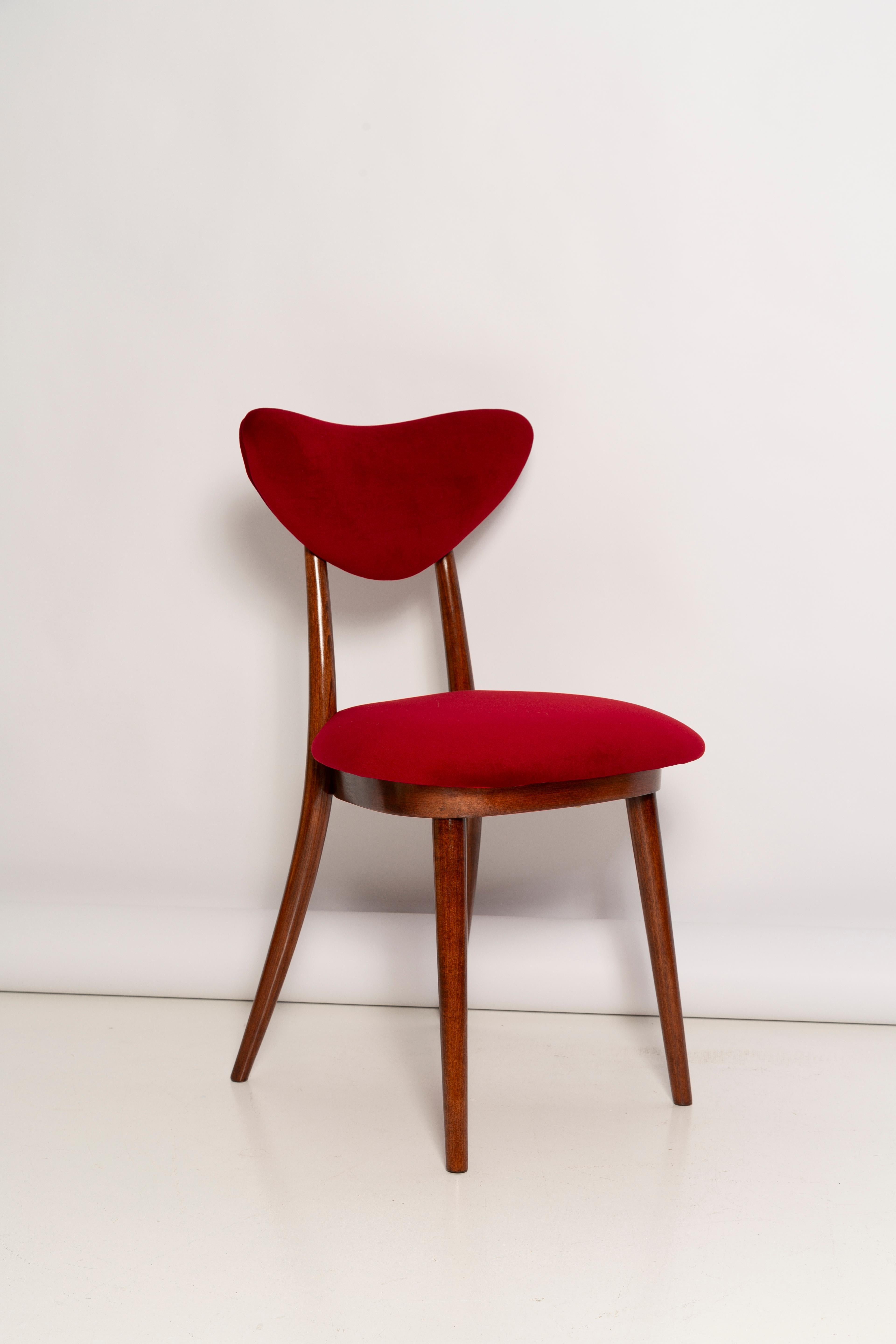 20th Century Mid Century Red Velvet, Walnut Wood, Heart Chair, Poland, 1960s For Sale
