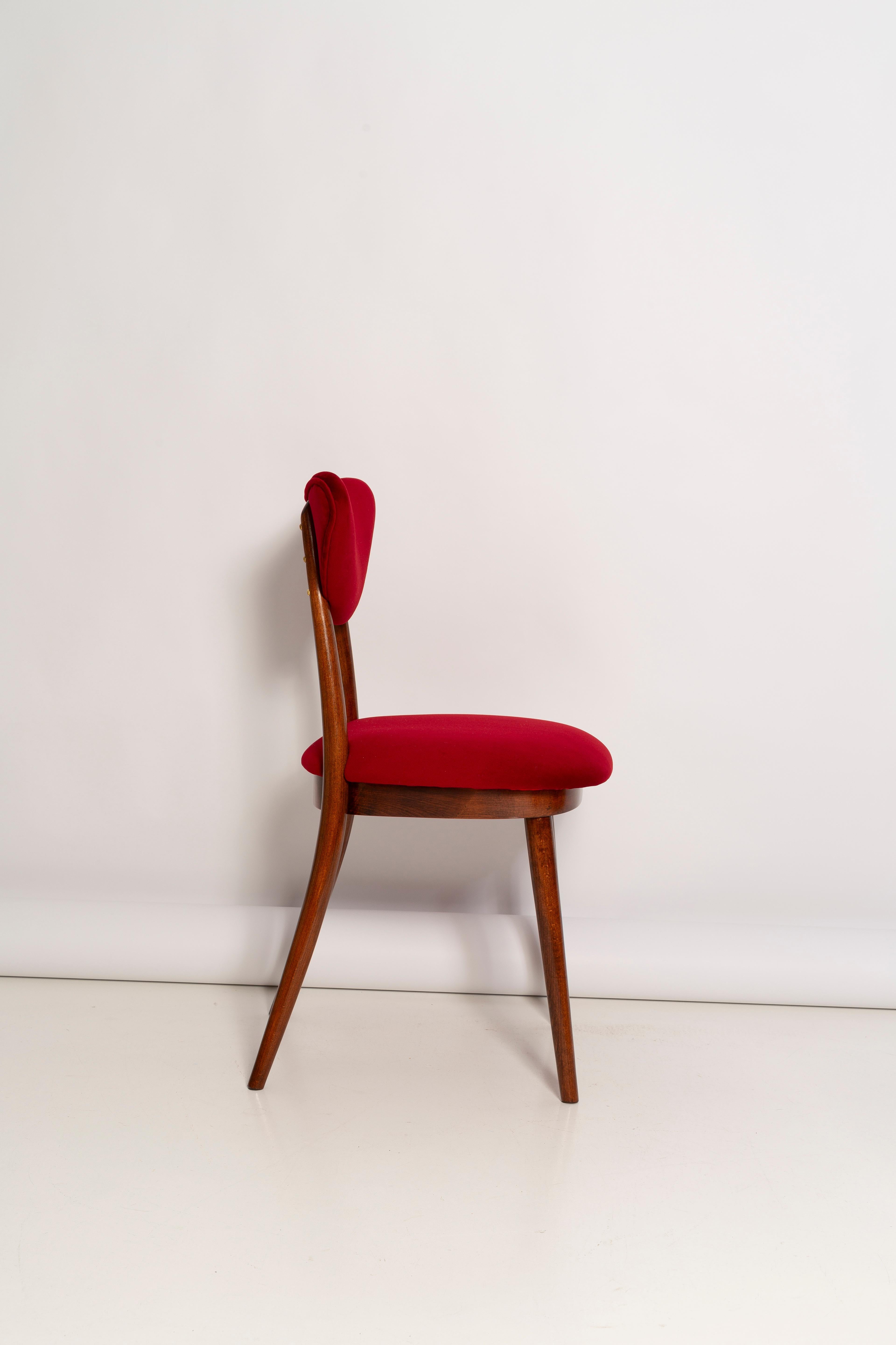 Mid Century Red Velvet, Walnut Wood, Heart Chair, Poland, 1960s For Sale 1
