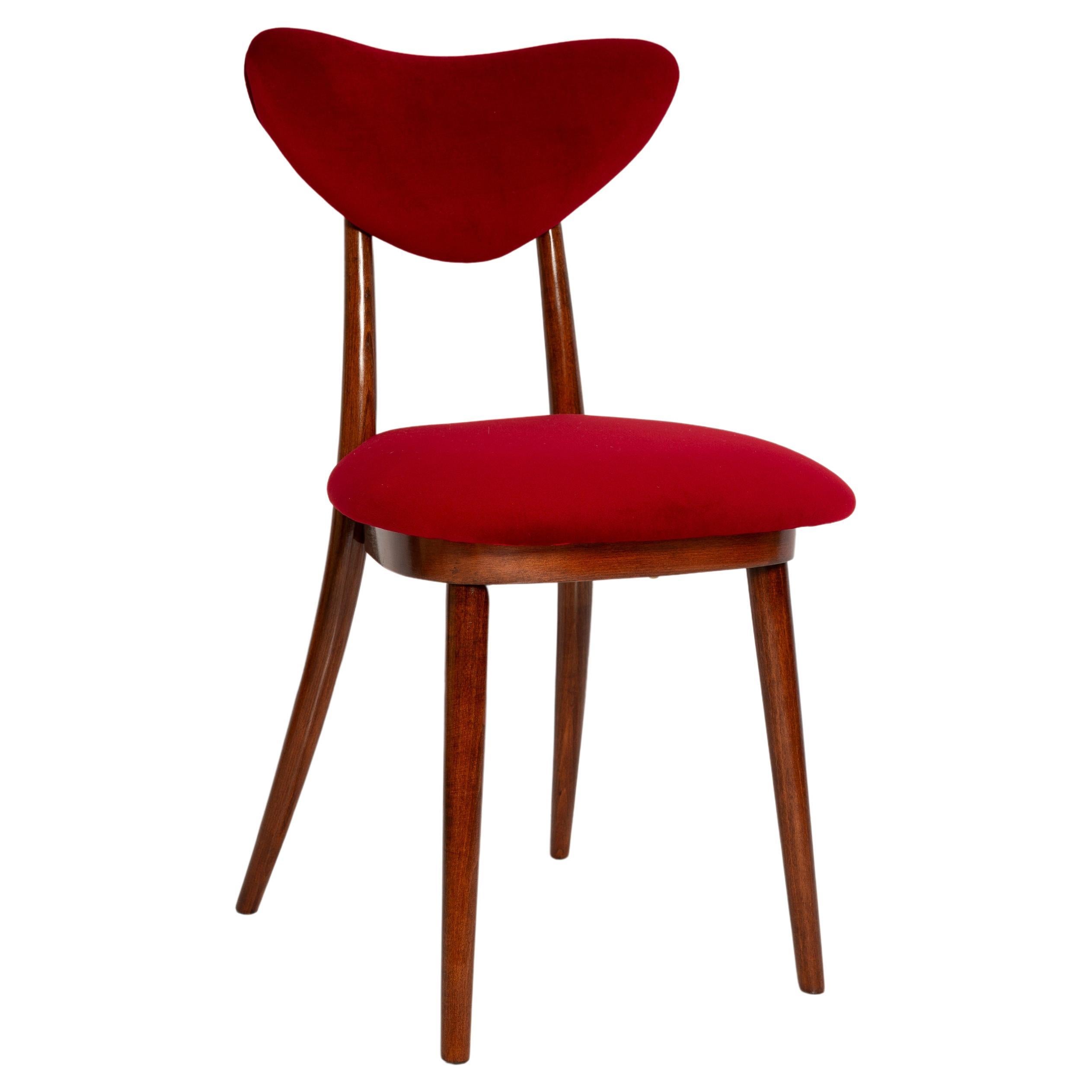 Mid Century Red Velvet, Walnut Wood, Heart Chair, Poland, 1960s For Sale