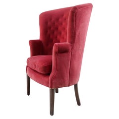 Vintage Midcentury Red Velvet Wingback Tufted Hi Back Chair