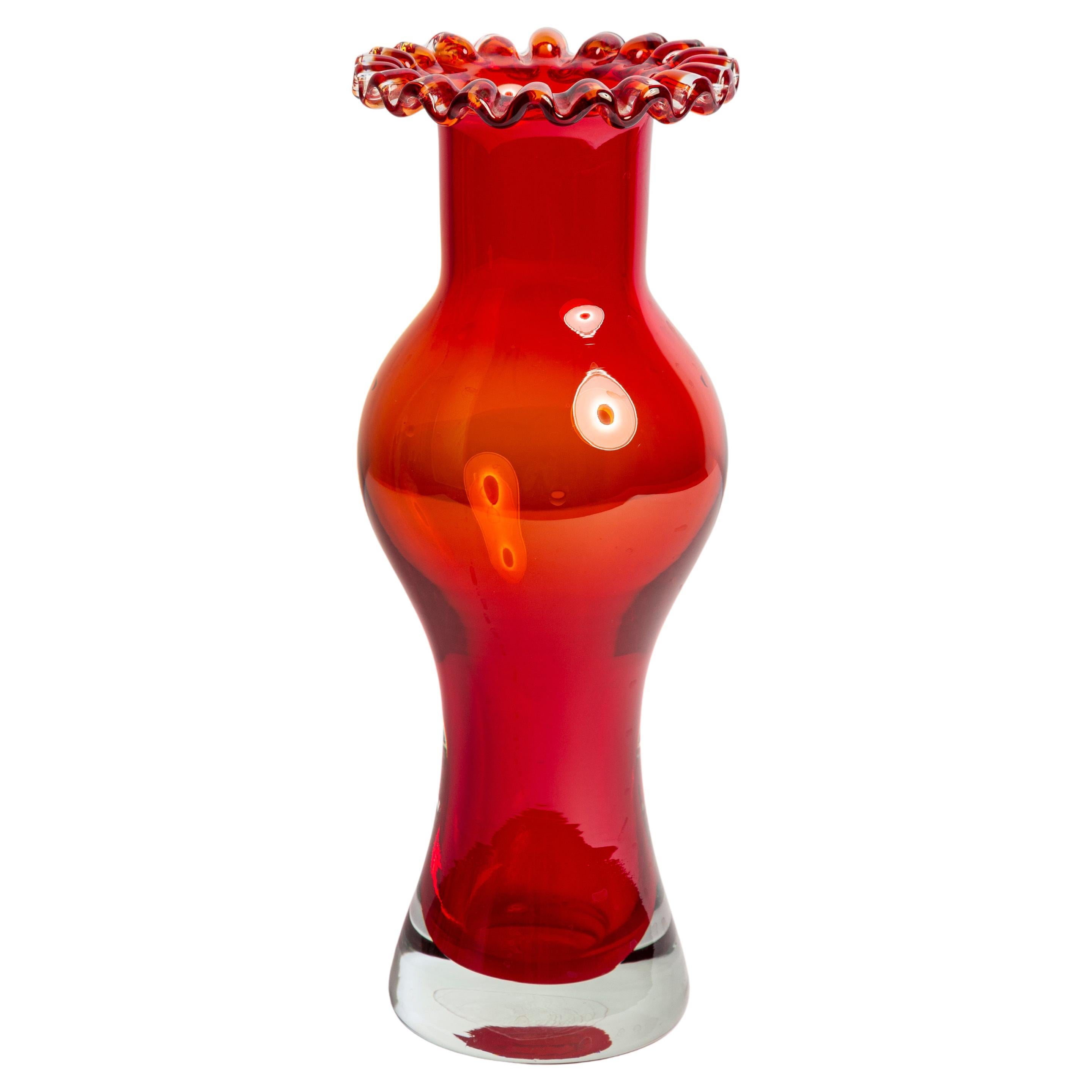 Mid Century Red Vintage Artistic Glass Frill Vase, Europe, 1970s For Sale
