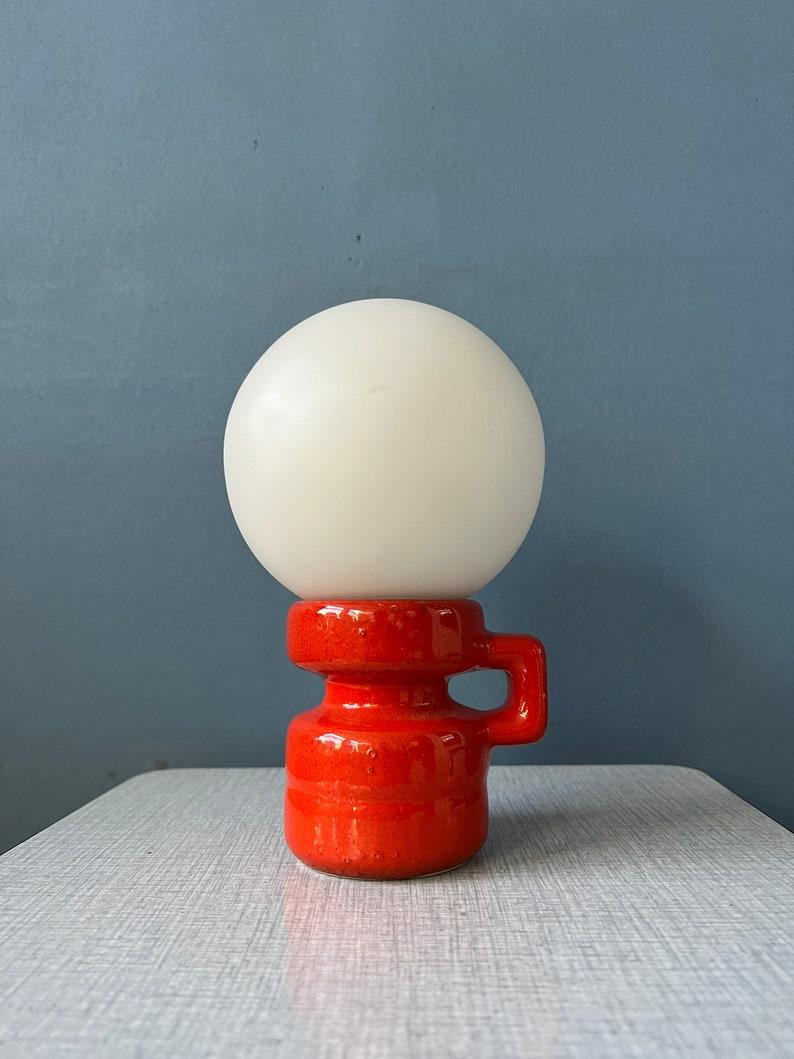 Mid Century Red West Germany Ceramic Table Lamp with Opaline Glass Shade, 1970s For Sale 3