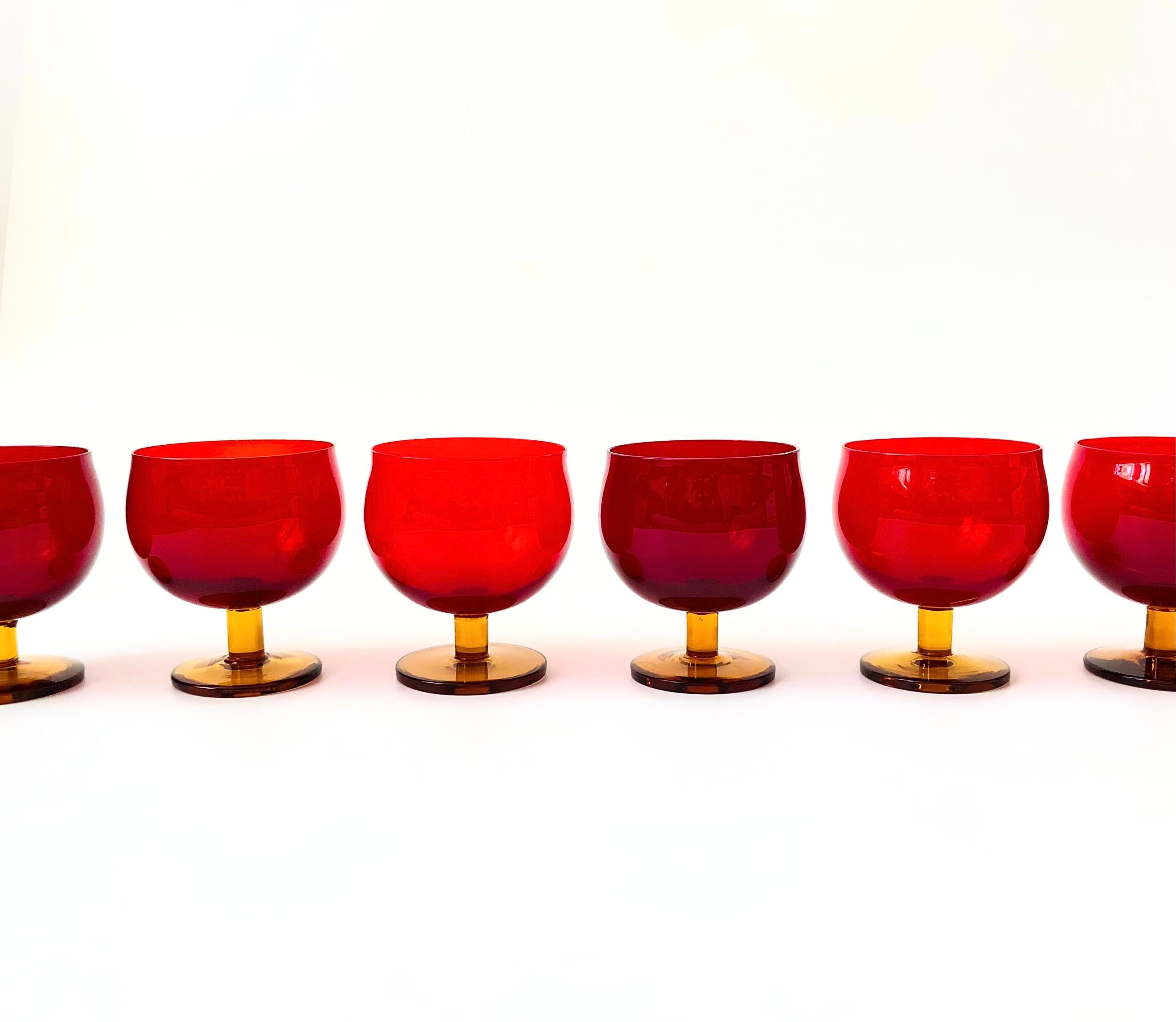 Mid Century Red Wine Glasses with Amber Stems - Set of 7 4