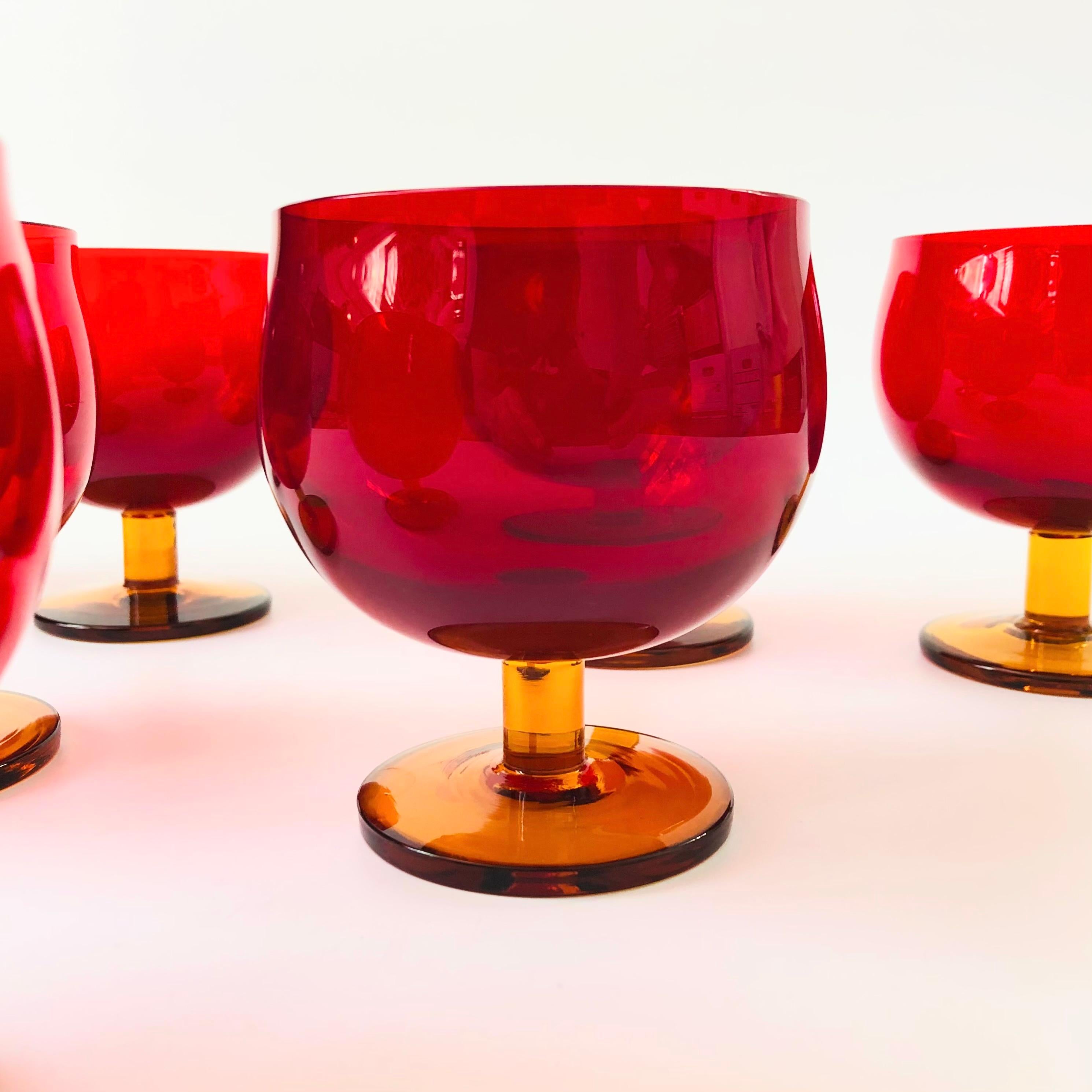 Mid-Century Modern Mid Century Red Wine Glasses with Amber Stems - Set of 7