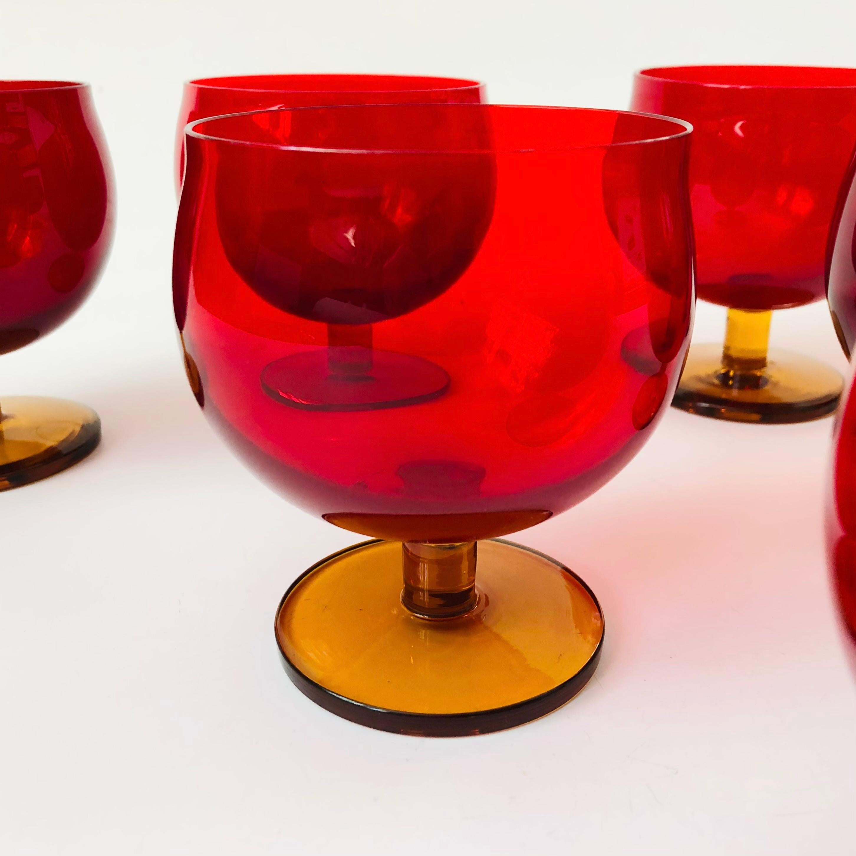 Mid Century Red Wine Glasses with Amber Stems - Set of 7 In Good Condition In Vallejo, CA