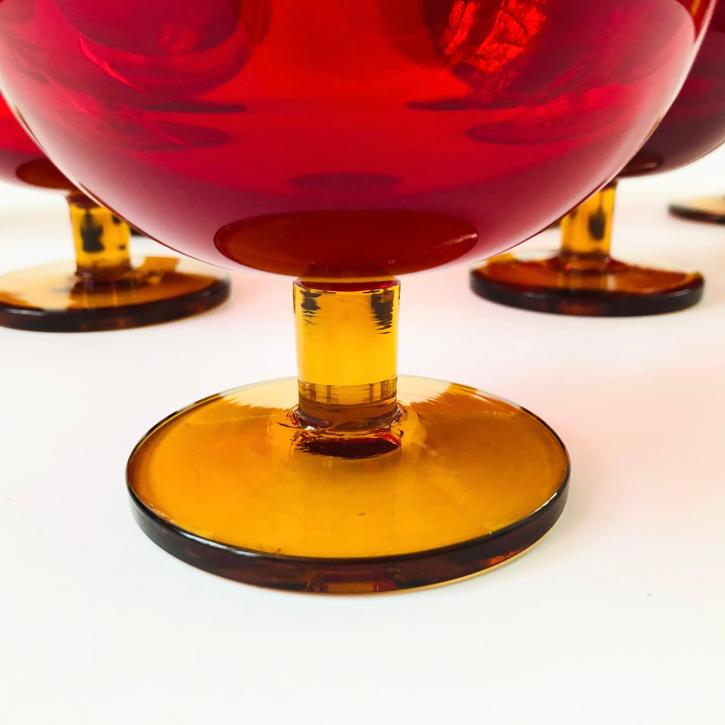 20th Century Mid Century Red Wine Glasses with Amber Stems - Set of 7