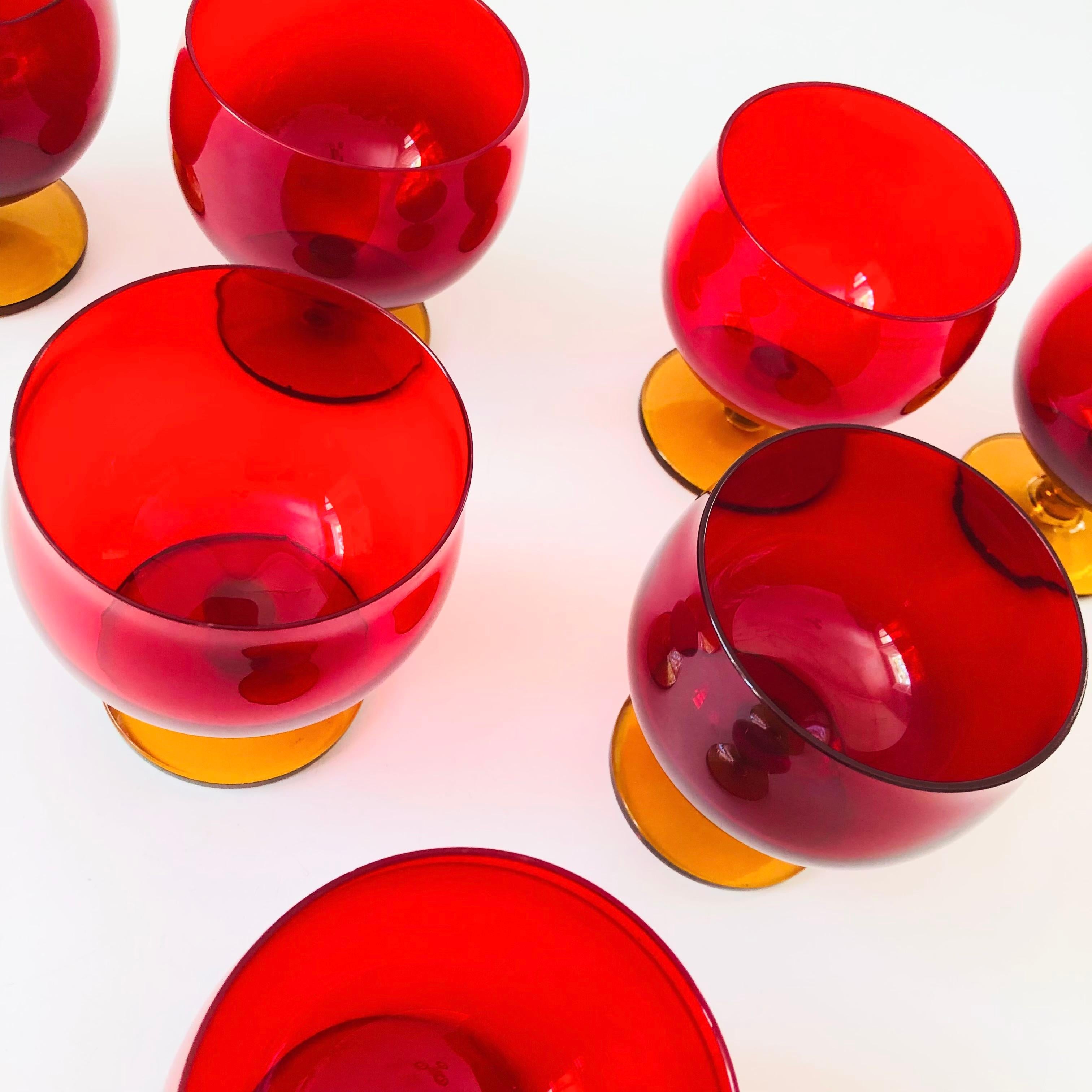 Mid Century Red Wine Glasses with Amber Stems - Set of 7 2