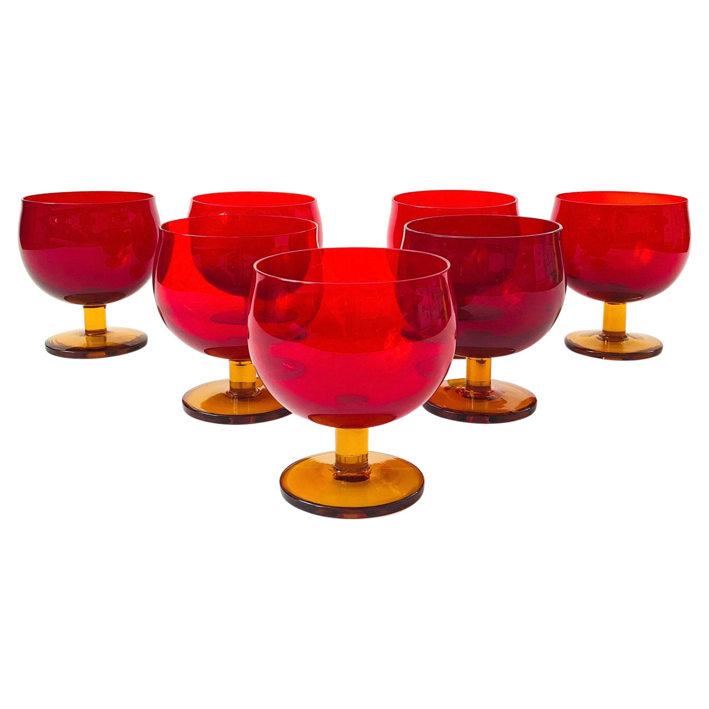 Mid Century Red Wine Glasses with Amber Stems - Set of 7