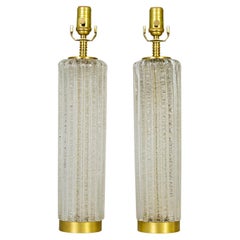 Mid-Century Reeded Cylinder Orrefors Glass & Brass Lamps 'Pair'