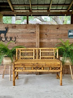 Mid-Century Refinished Bent Scorched Rattan Cane Bench Settee