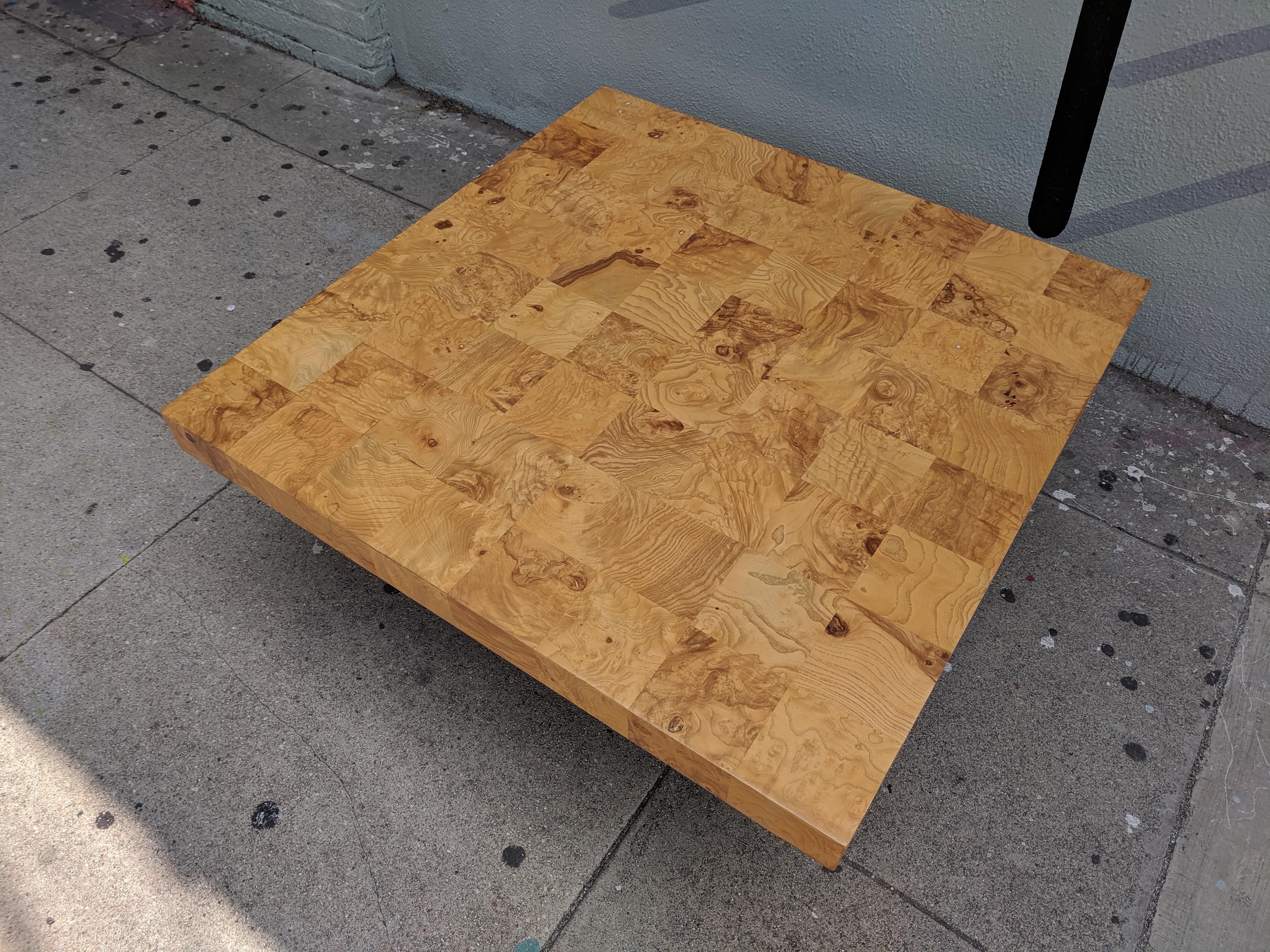 Mid Century Refinished Burl and Chrome Coffee Table by Milo Baughman For Sale 3