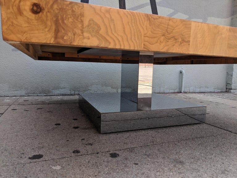 Mid Century Refinished Burl and Chrome Coffee Table by Milo Baughman For Sale 4