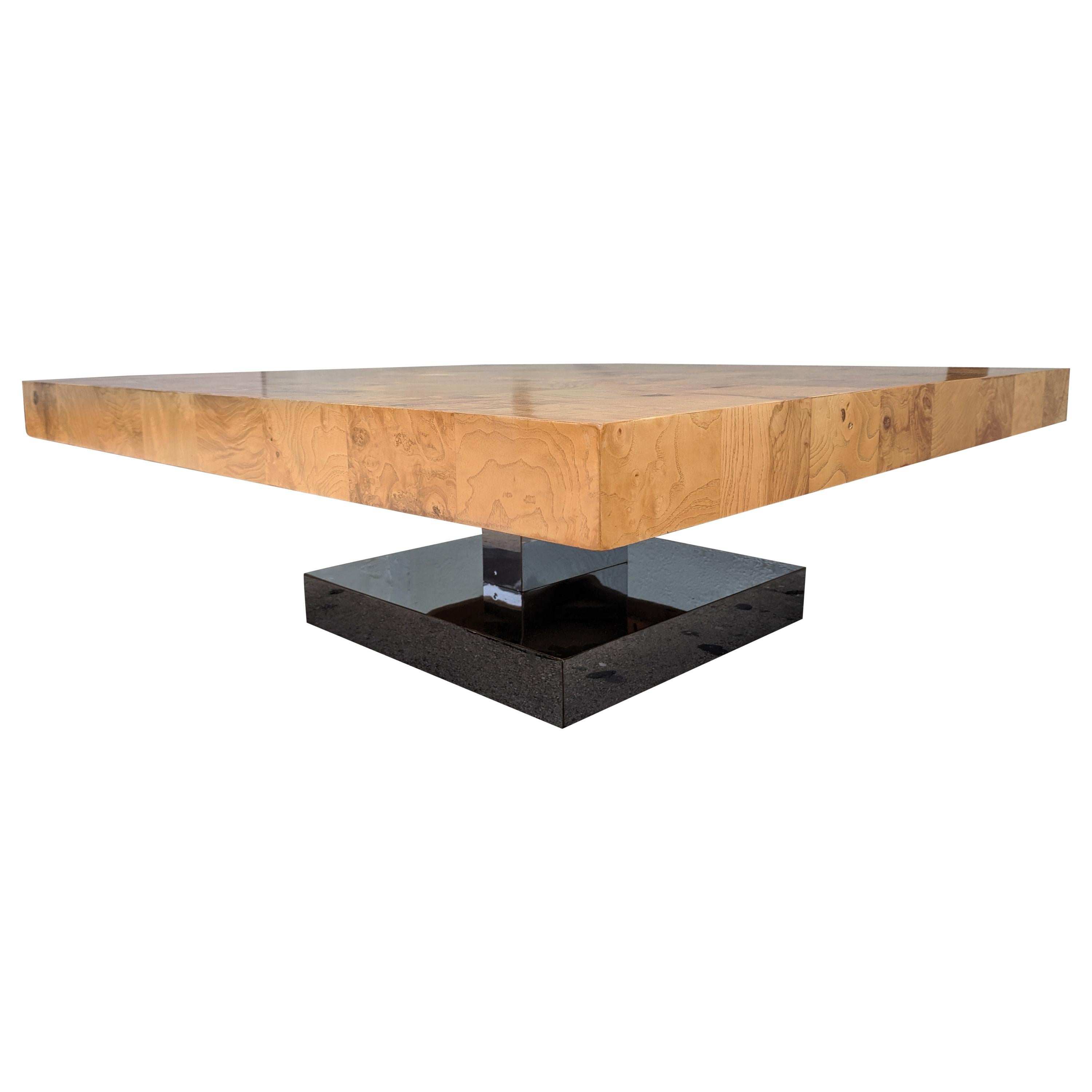 Mid Century Refinished Burl and Chrome Coffee Table by Milo Baughman For Sale