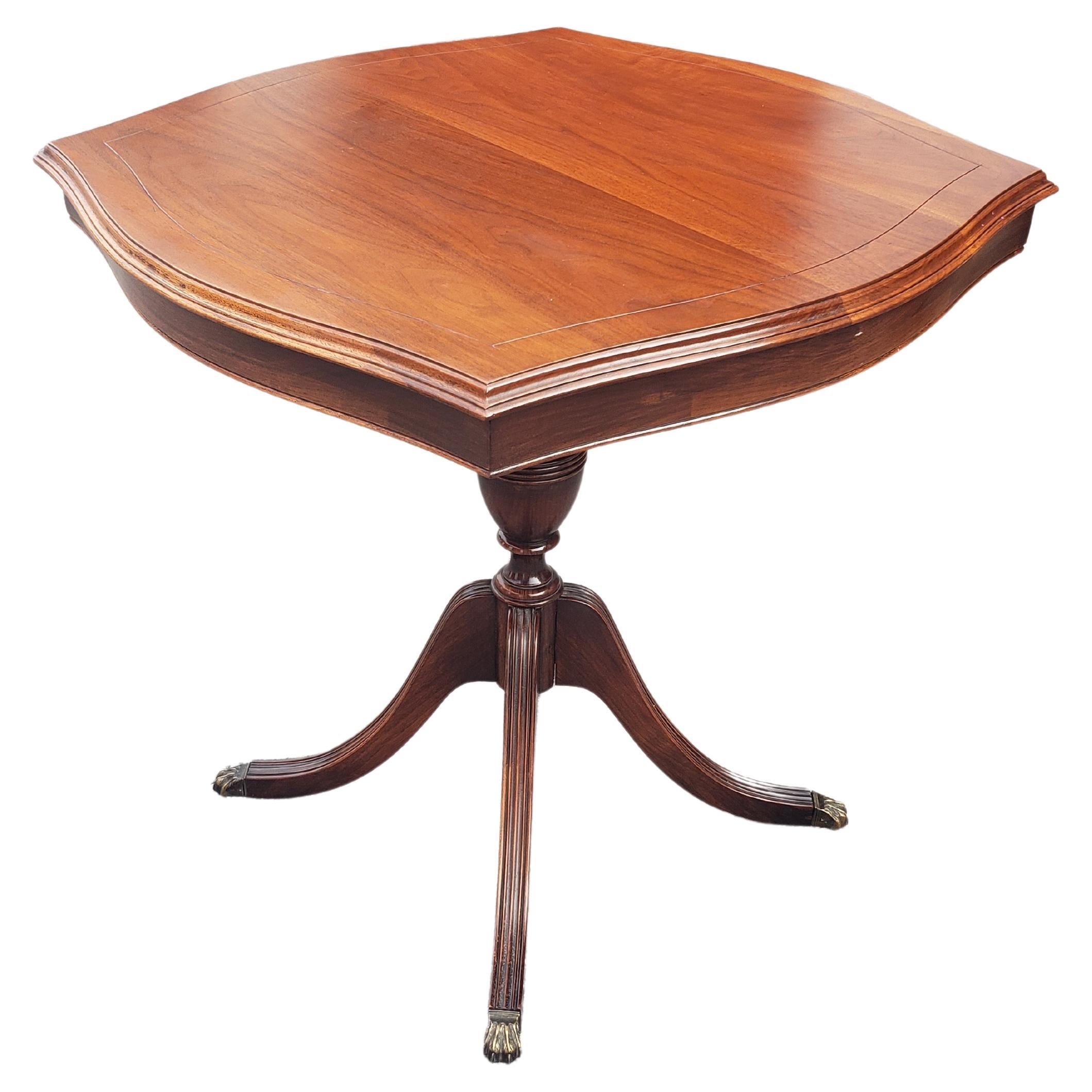Mid-Century Modern Mid-Century Refinished Solid Walnut Pedestal Quadpod Tea Table w Brass Paw Feet For Sale
