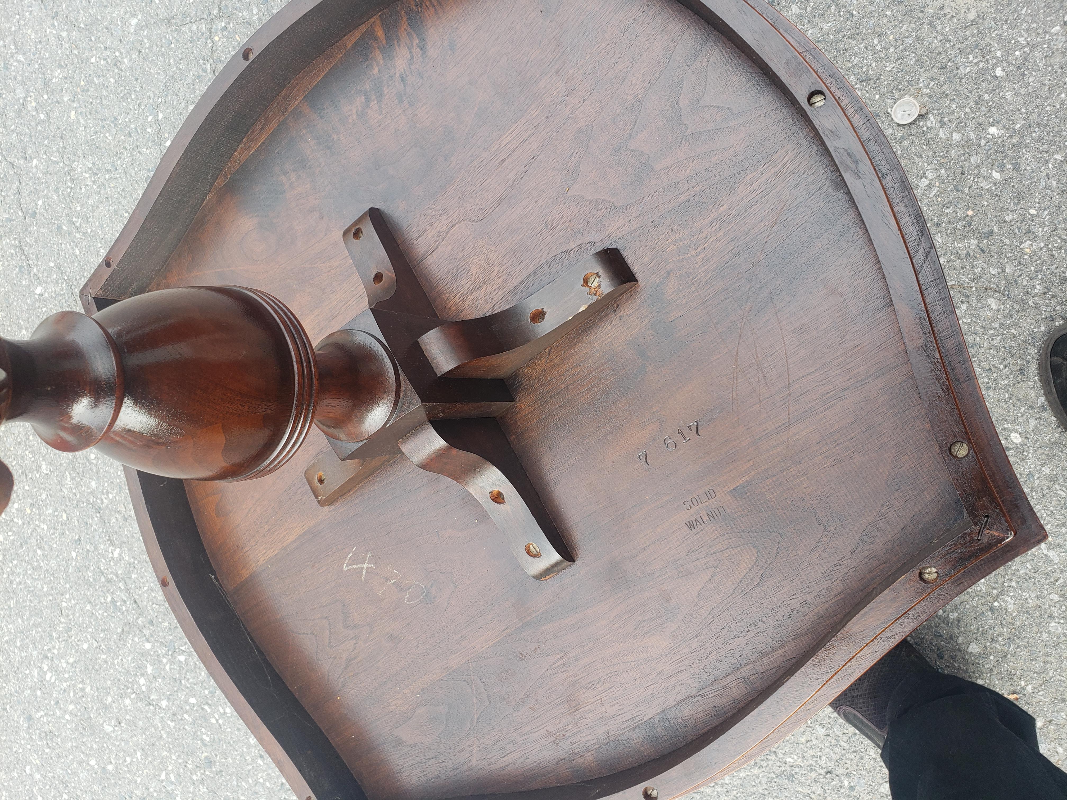 North American Mid-Century Refinished Solid Walnut Pedestal Quadpod Tea Table w Brass Paw Feet For Sale