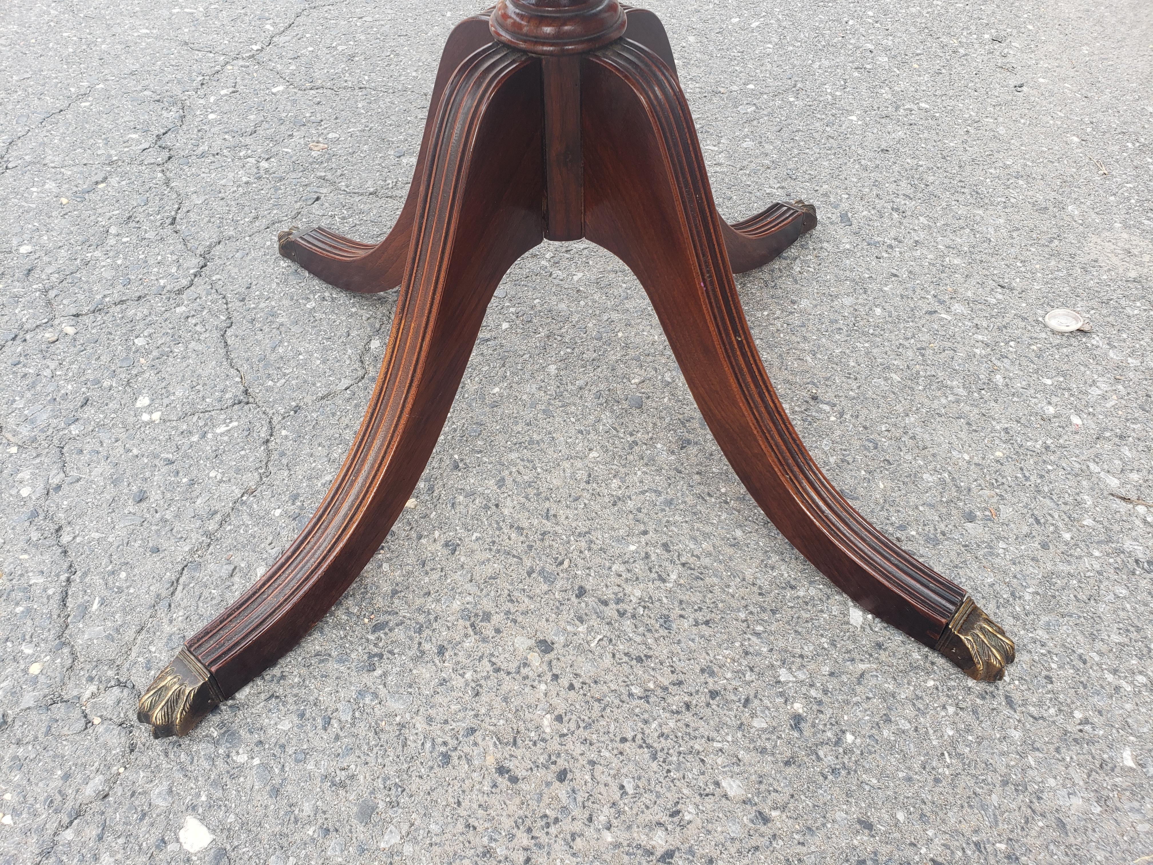 20th Century Mid-Century Refinished Solid Walnut Pedestal Quadpod Tea Table w Brass Paw Feet For Sale