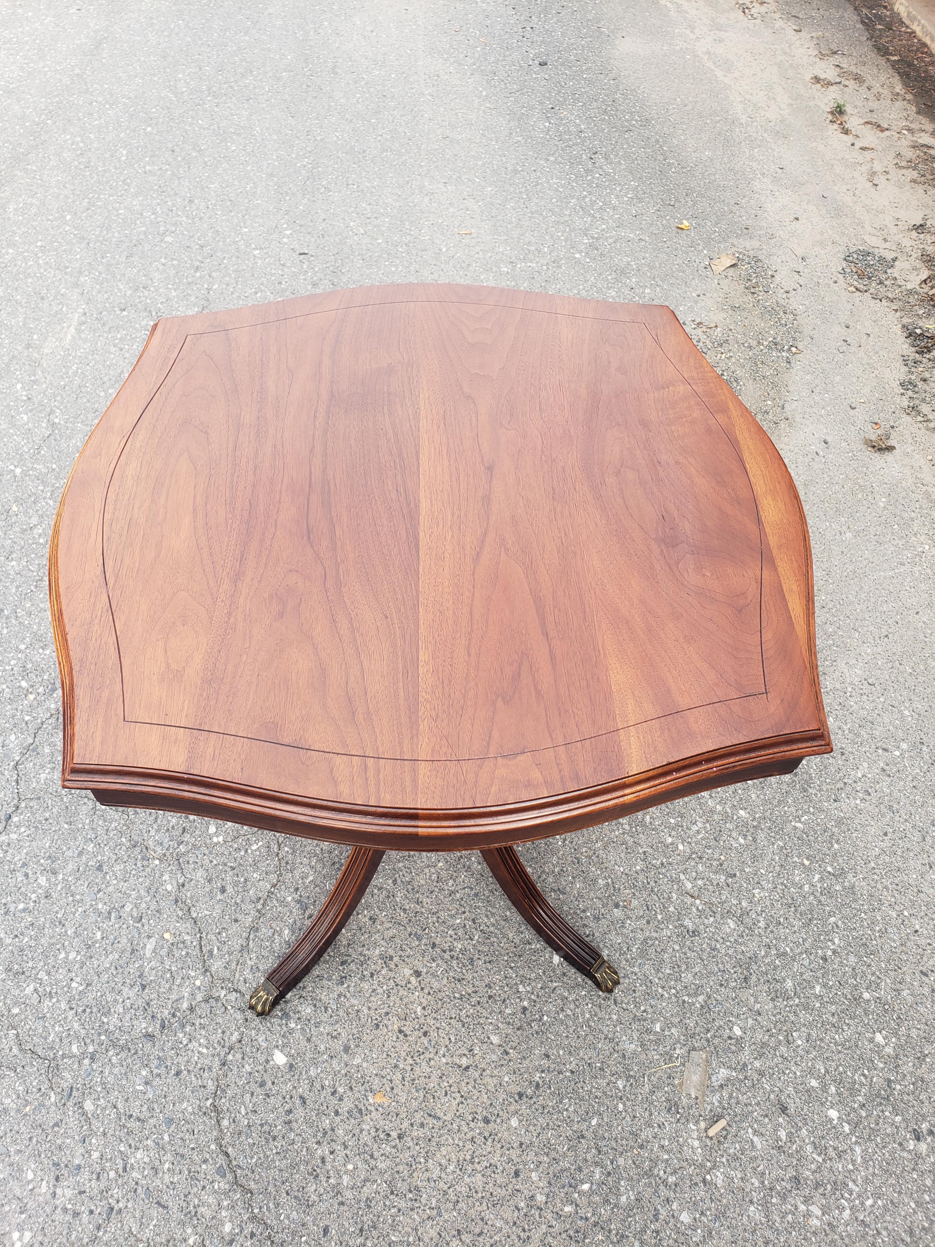Mid-Century Refinished Solid Walnut Pedestal Quadpod Tea Table w Brass Paw Feet For Sale 1