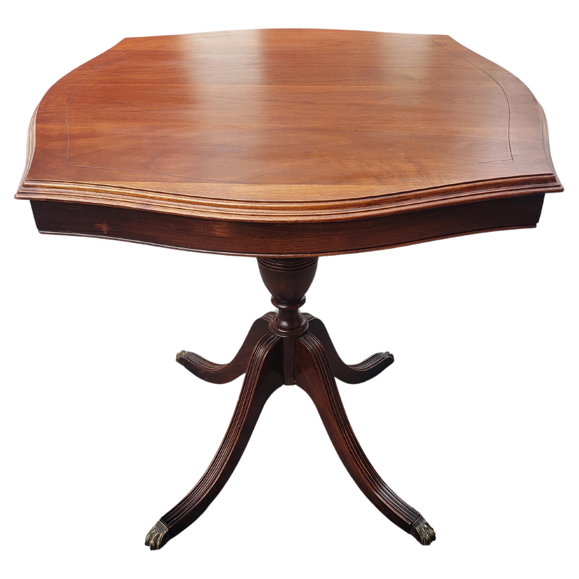 Mid-Century Refinished Solid Walnut Pedestal Quadpod Tea Table w Brass Paw Feet For Sale