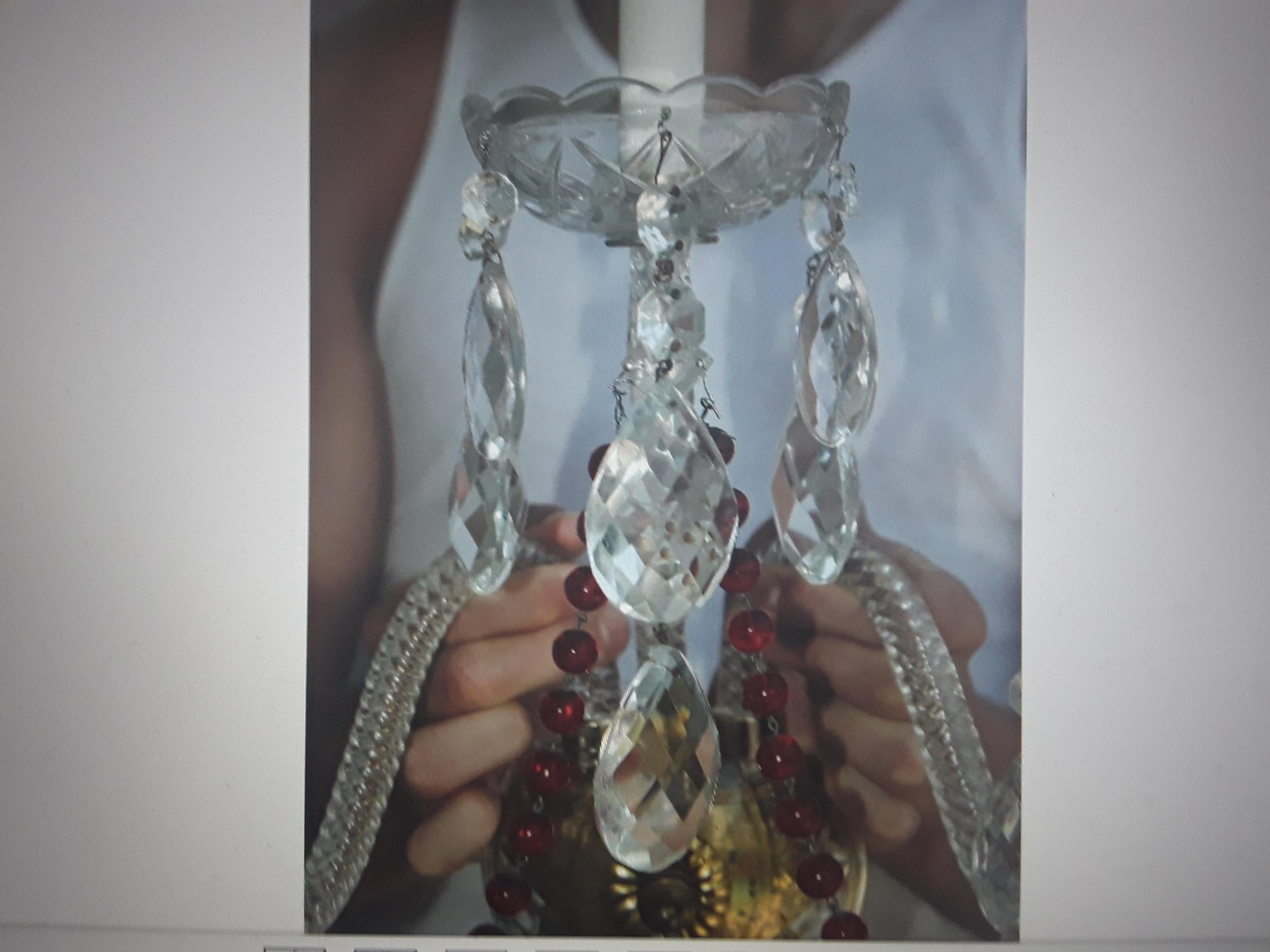French Mid Century Regency Crystal Swirl Baccarat style Wall Sconce with Ruby Accents For Sale