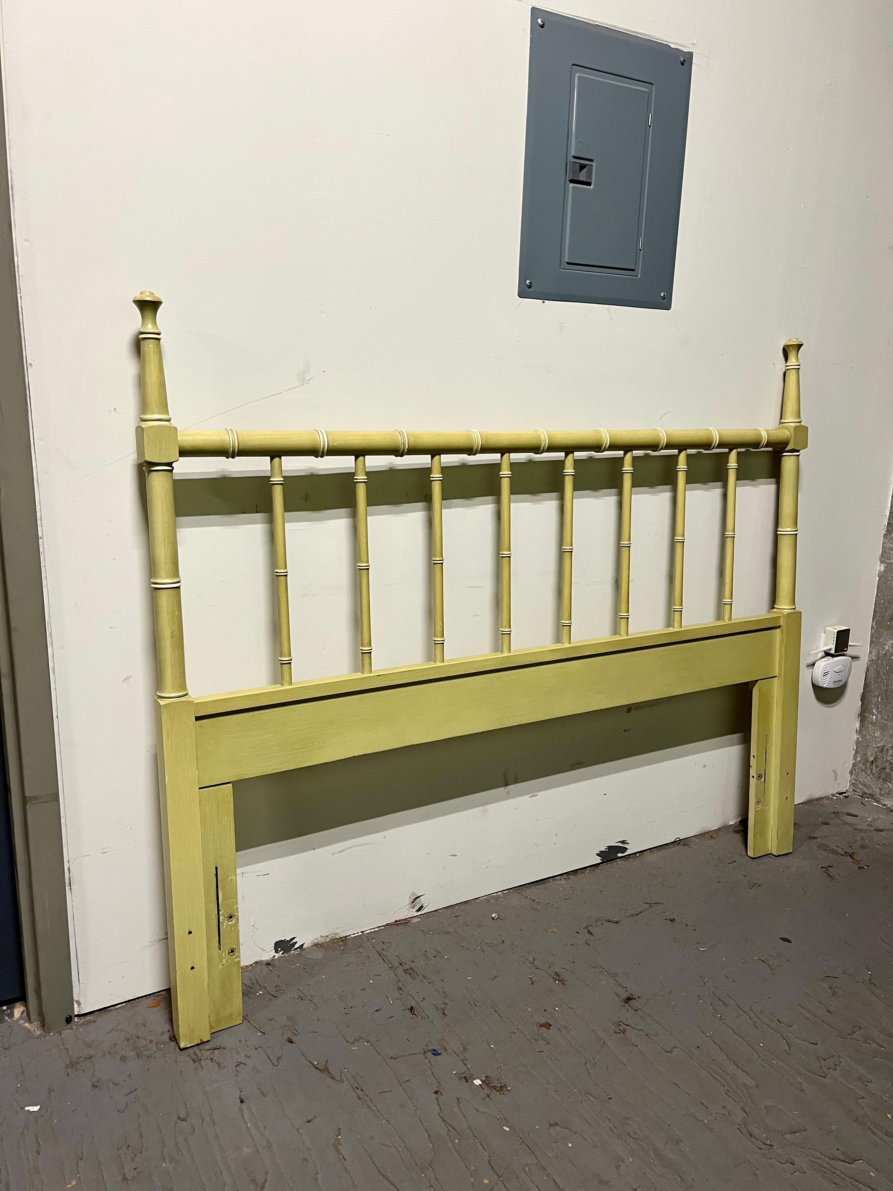 Classic faux bamboo headboard. Full size. Deep detail with muted or celery green finish with white piping. 