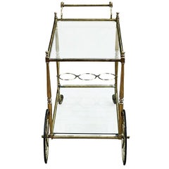 Chariot de bar français de style Régence du milieu du siècle, en laiton massif et verre, avec porte-bouteilles