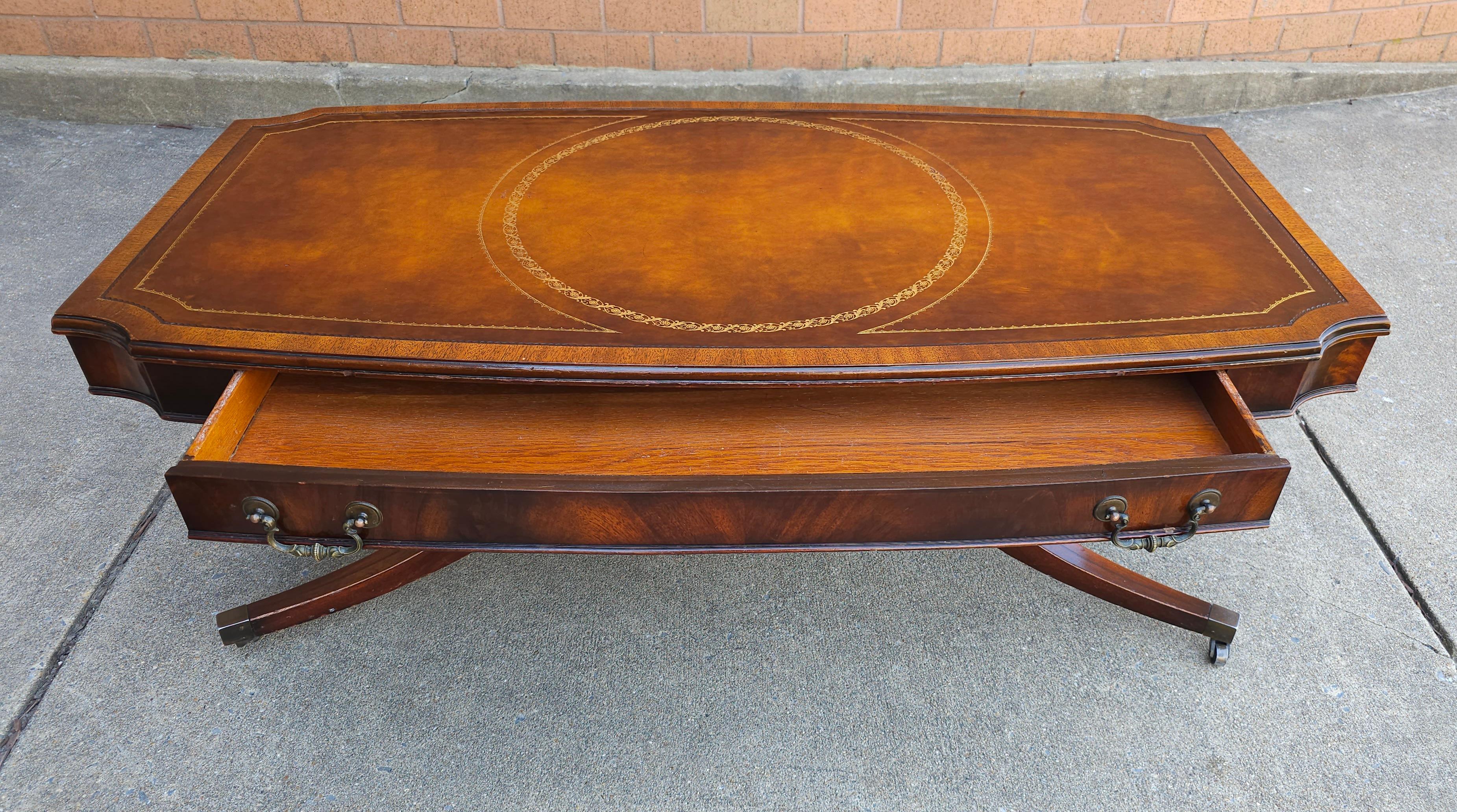 American Mid Century Weiman Regency Hollywood Mahogany Inset Leather Top Coffee Table For Sale