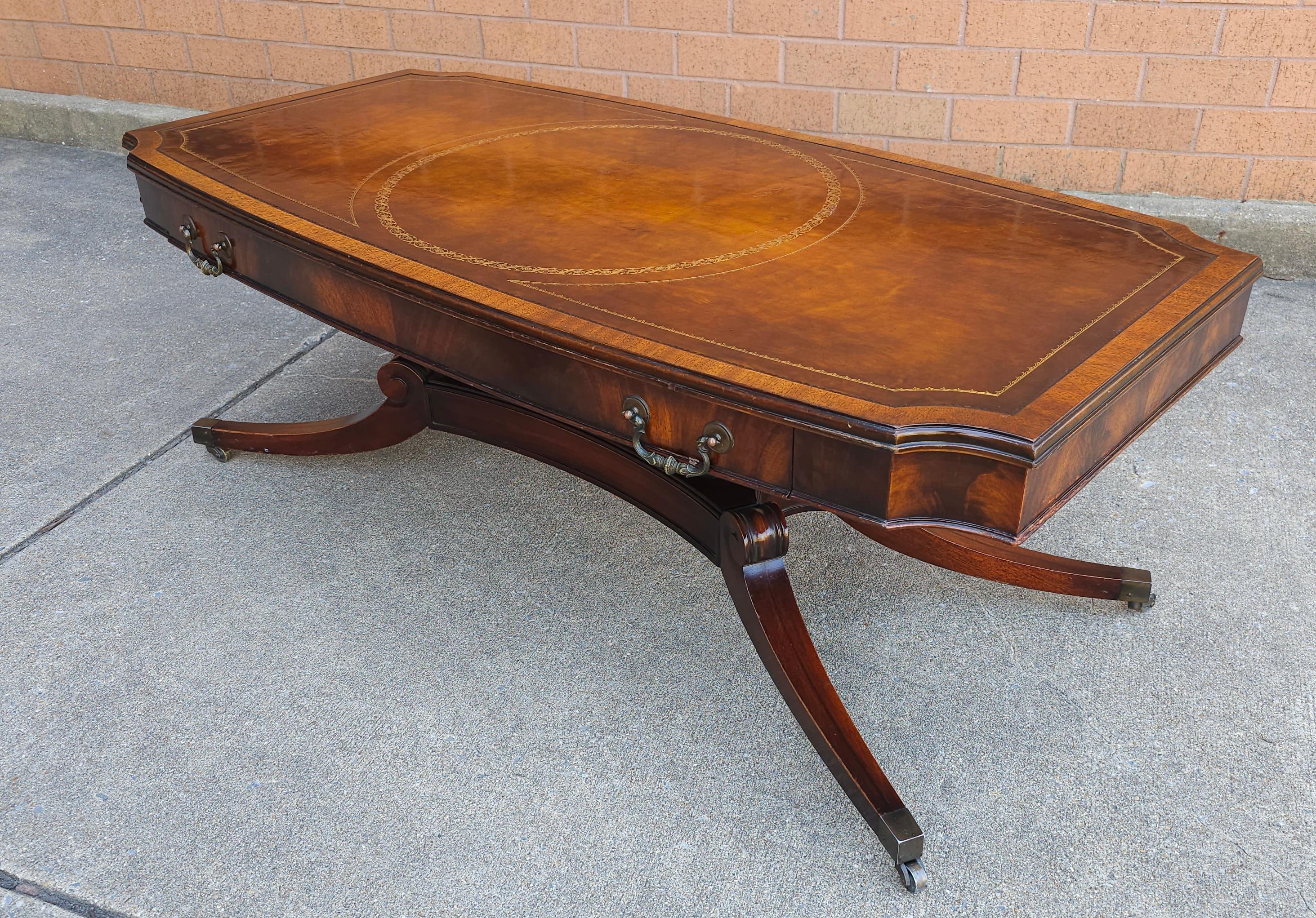 Other Mid Century Weiman Regency Hollywood Mahogany Inset Leather Top Coffee Table For Sale