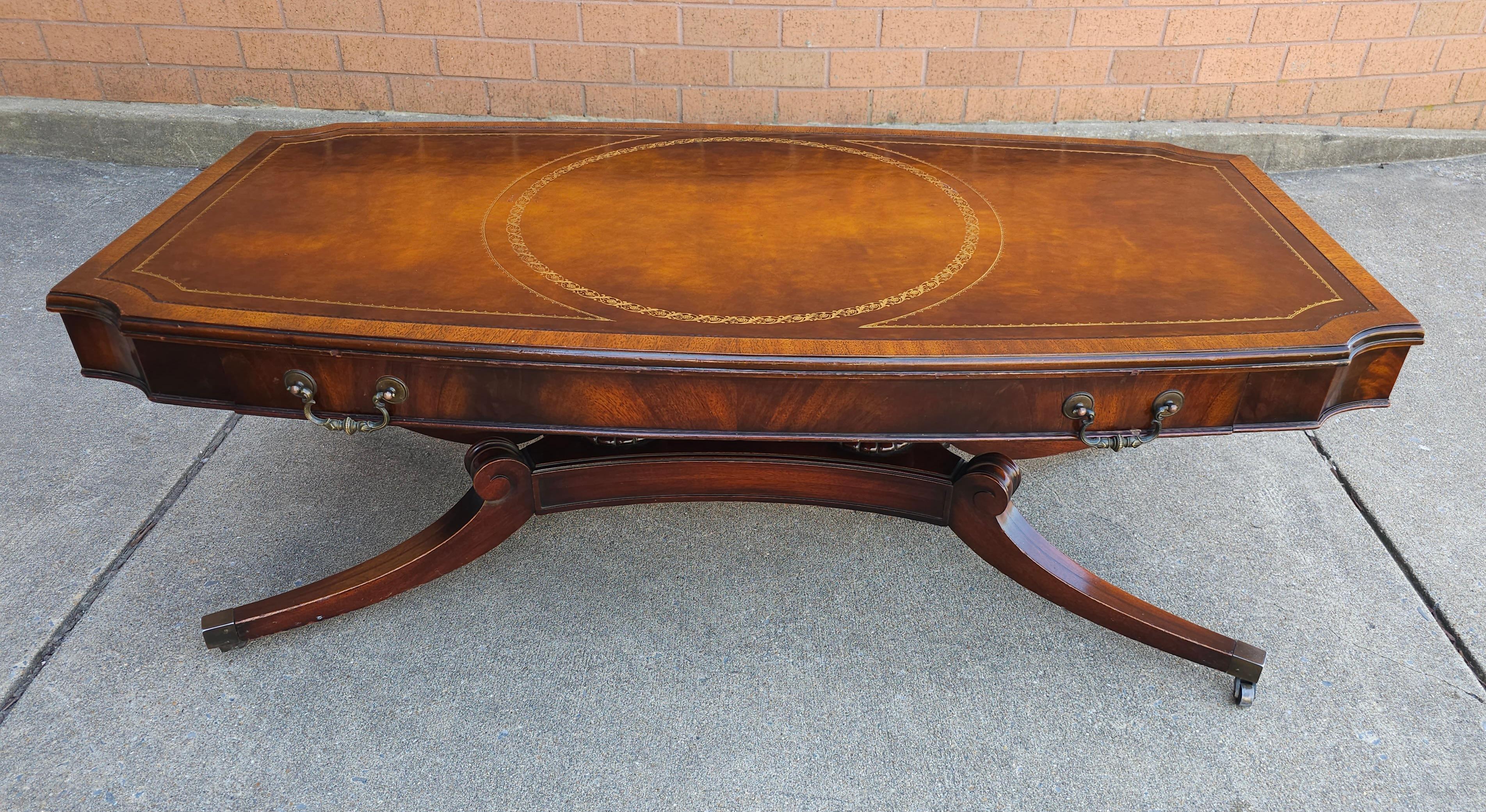 Brass Mid Century Weiman Regency Hollywood Mahogany Inset Leather Top Coffee Table For Sale