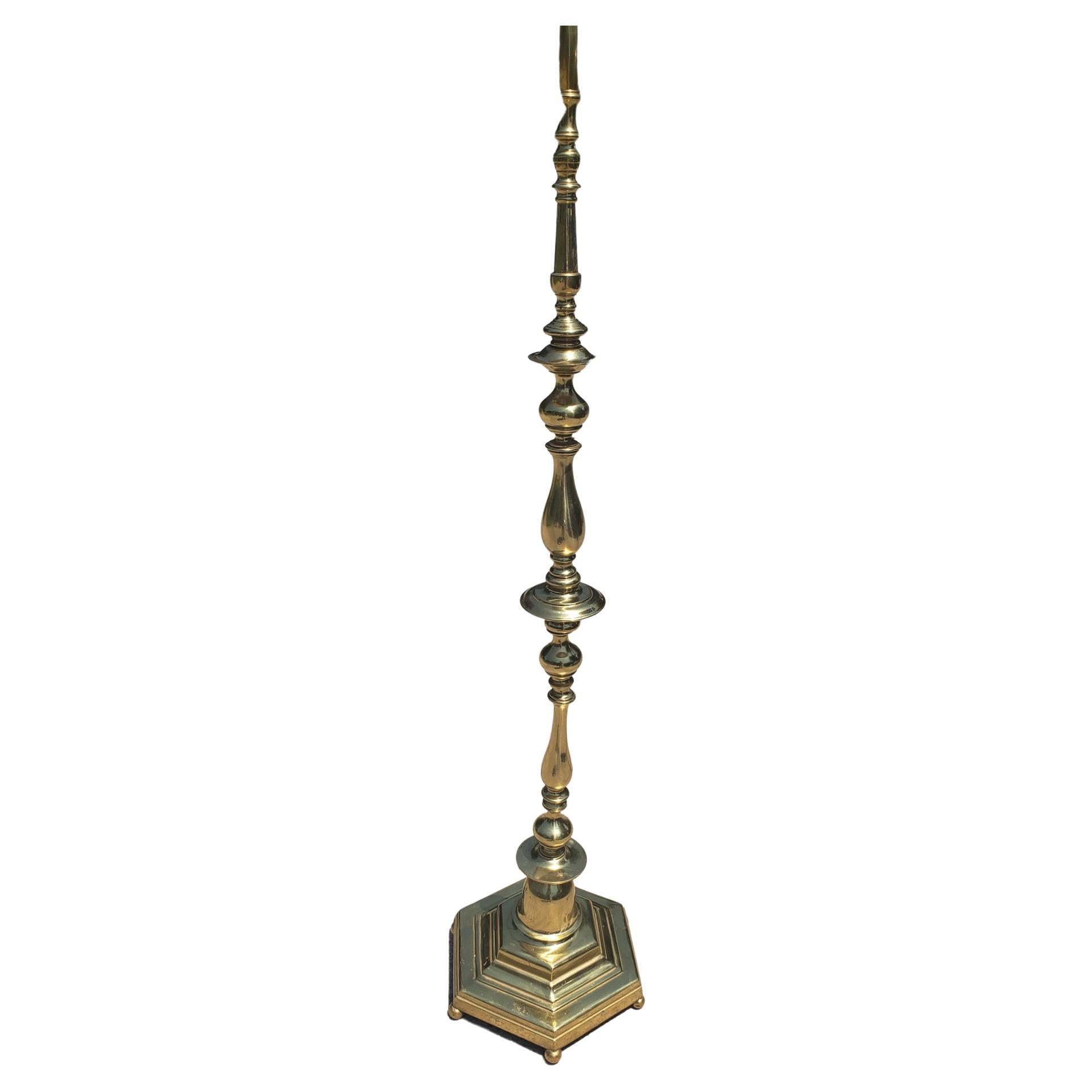 Metalwork Mid Century Regency Solid Polish Brass Two Light Floor Lamp For Sale