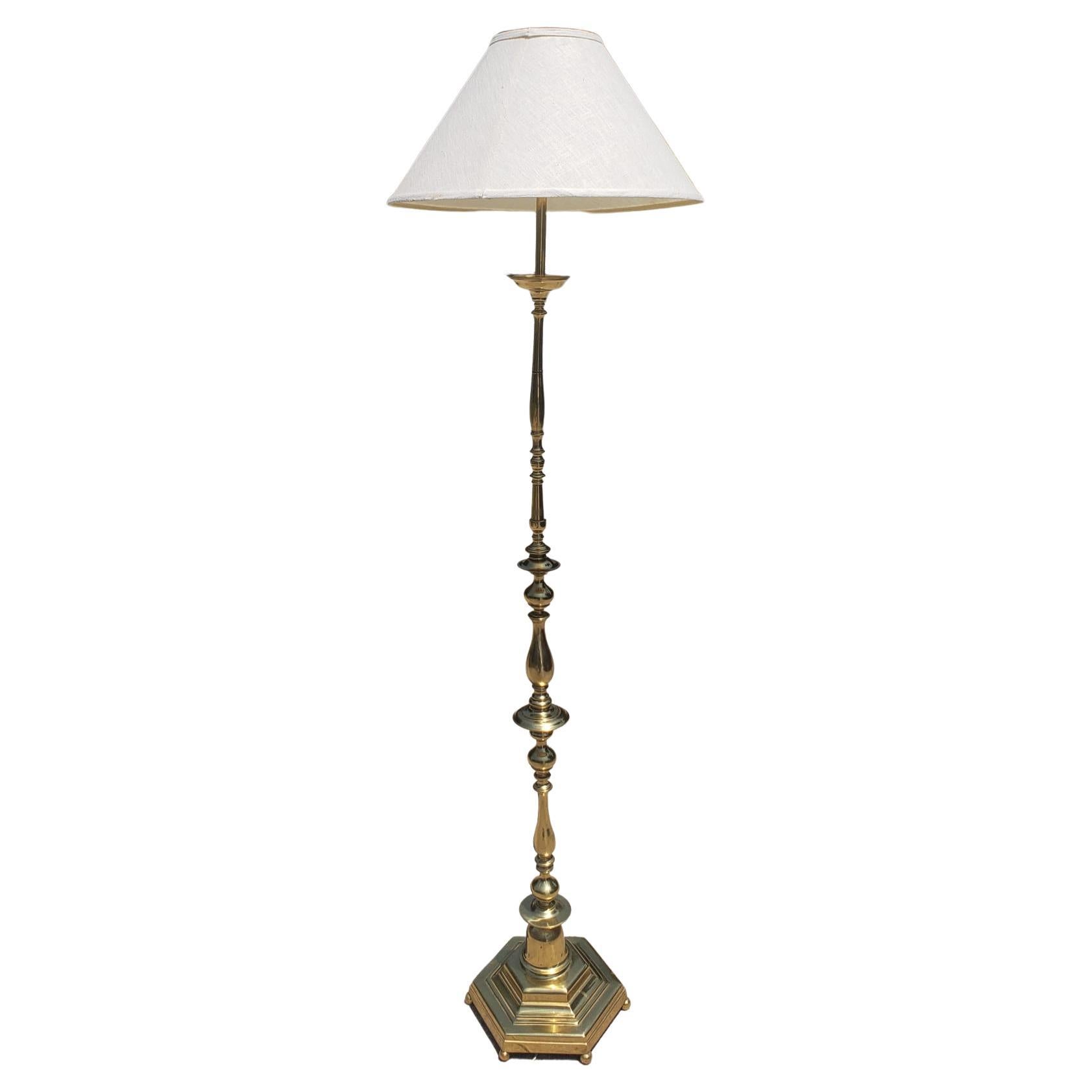 Mid Century Regency Solid Polish Brass Two Light Floor Lamp For Sale