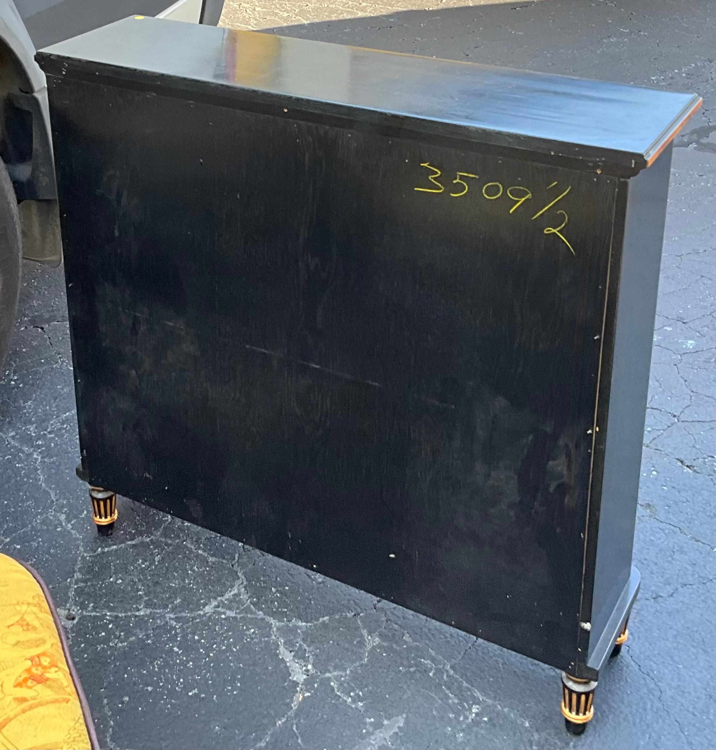 20th Century  Mid-Century Regency Style Black Lacquer And Gilt Painted Italian Cabinet For Sale