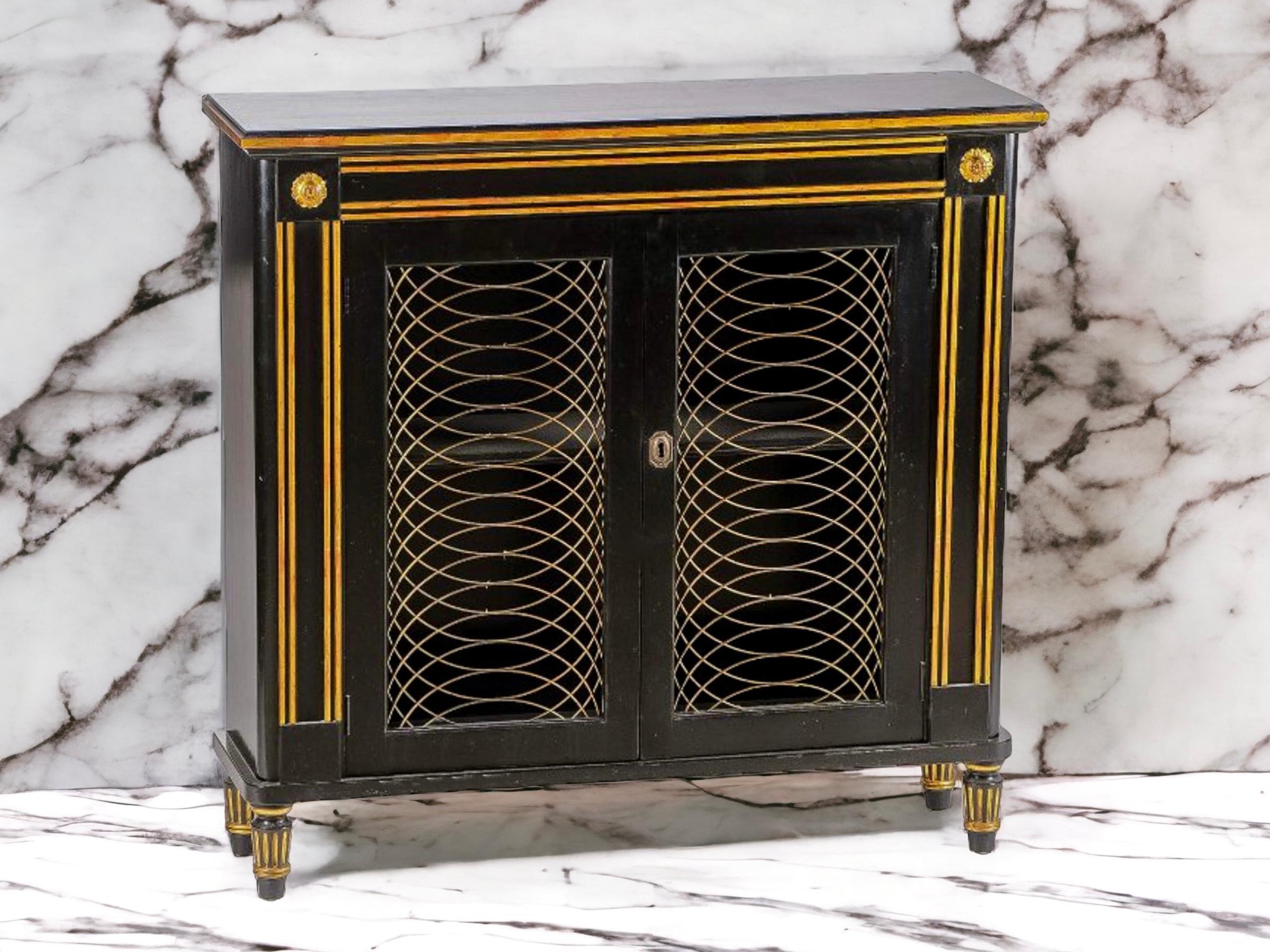 Metal  Mid-Century Regency Style Black Lacquer And Gilt Painted Italian Cabinet For Sale