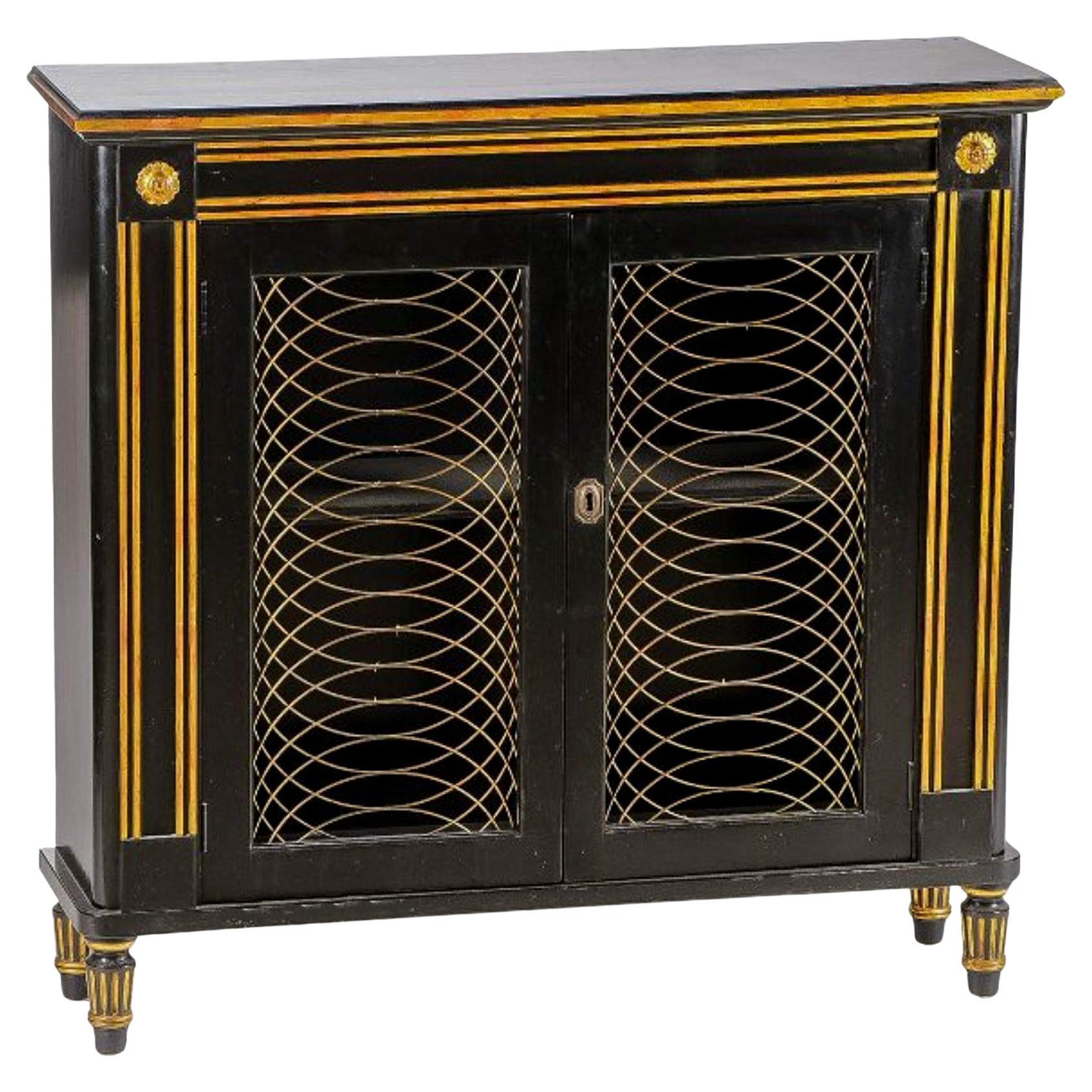  Mid-Century Regency Style Black Lacquer And Gilt Painted Italian Cabinet For Sale