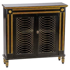 Vintage  Mid-Century Regency Style Black Lacquer And Gilt Painted Italian Cabinet