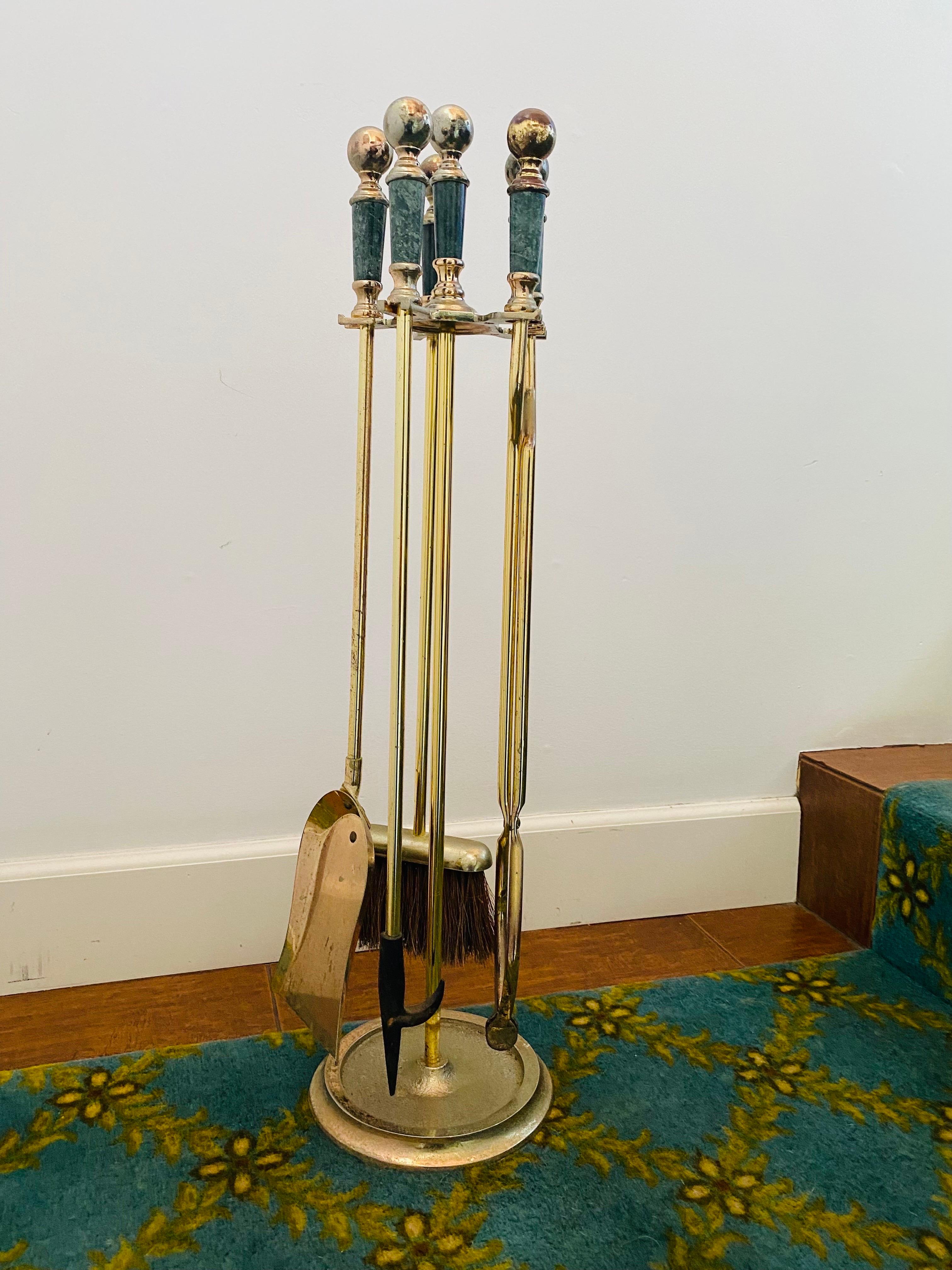 Hollywood Regency Mid Century Regency Style Brass and Green Marble Tools Set For Sale