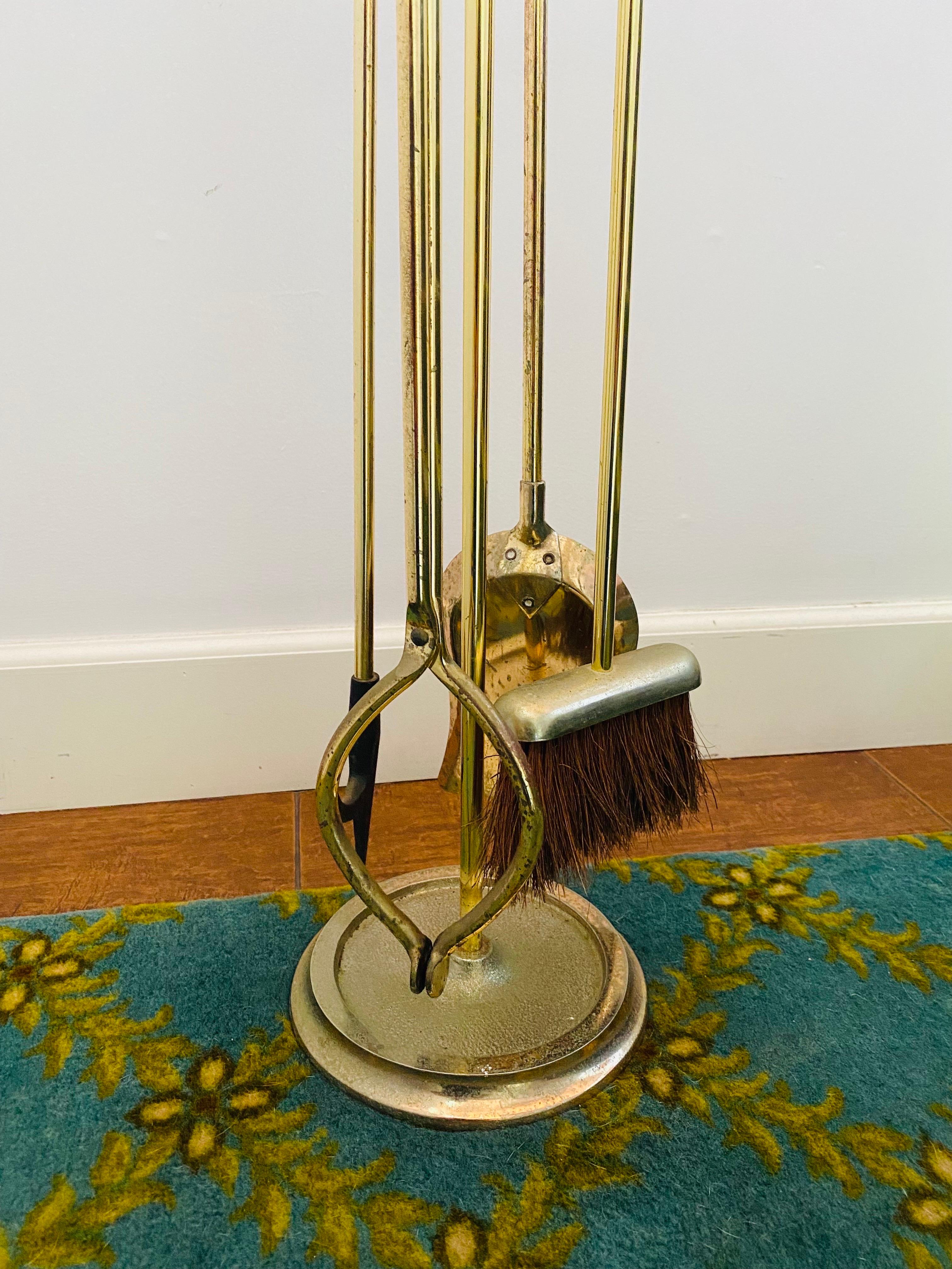 Cast Mid Century Regency Style Brass and Green Marble Tools Set For Sale