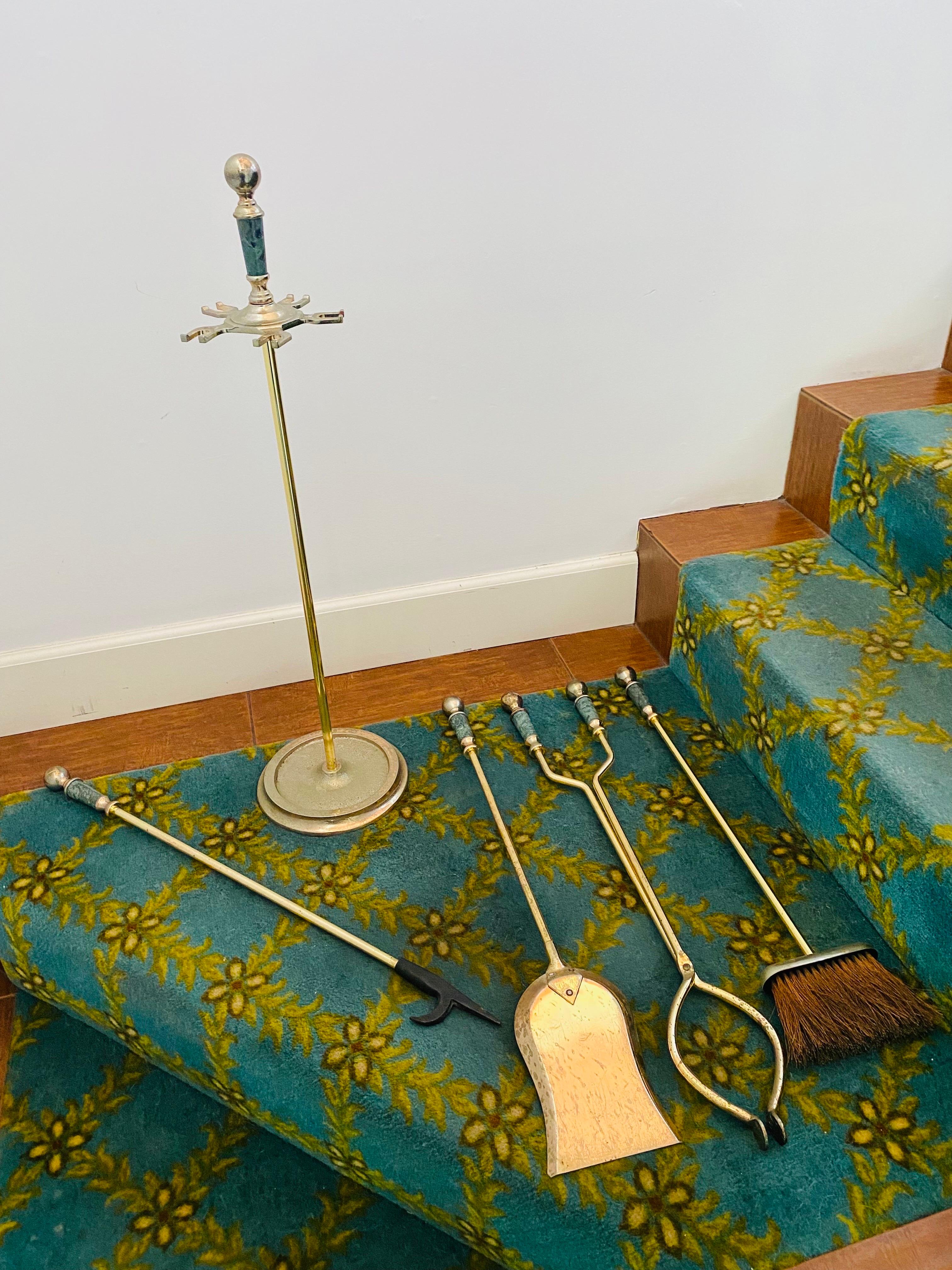 Late 20th Century Mid Century Regency Style Brass and Green Marble Tools Set For Sale
