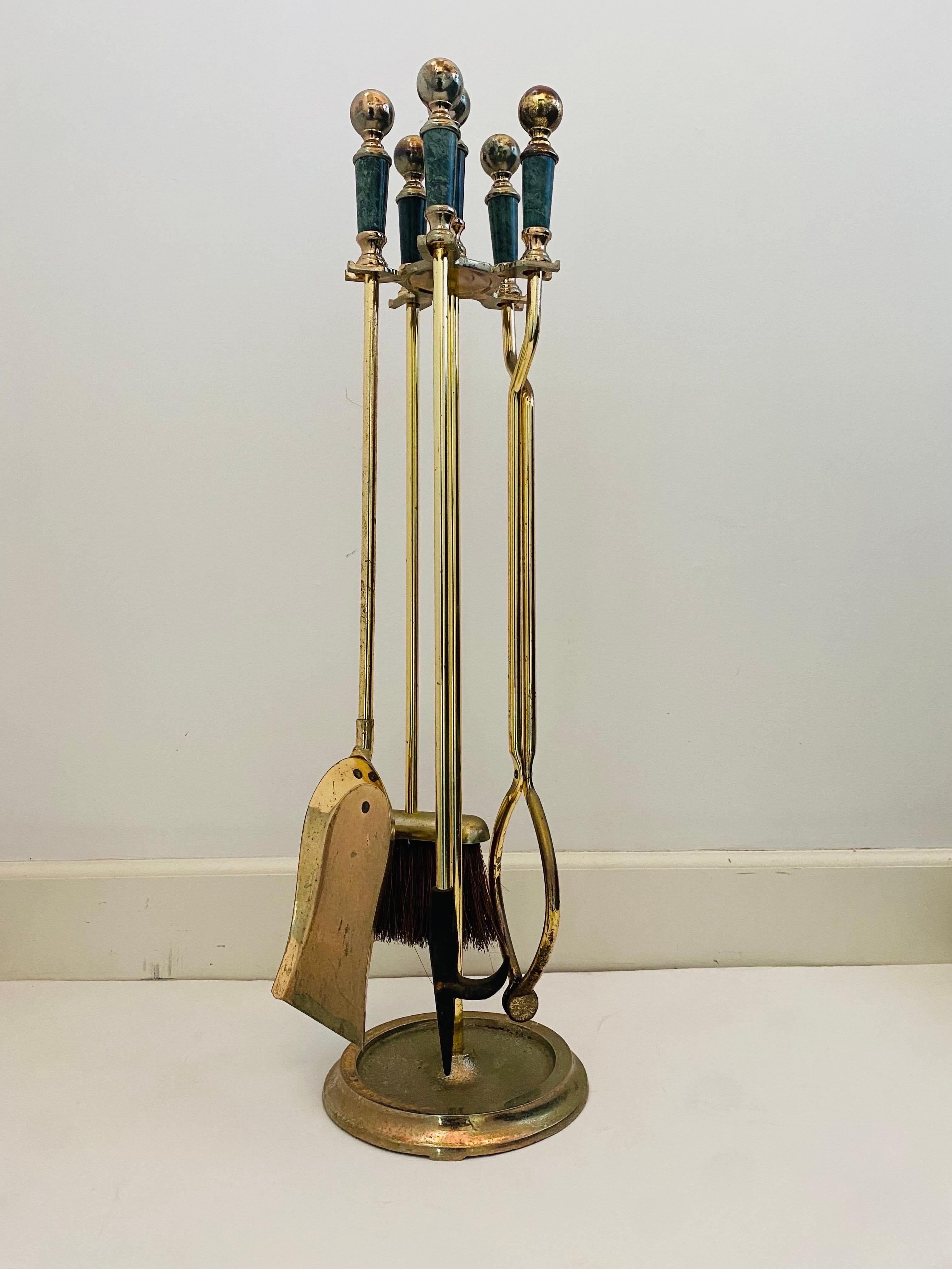 Mid Century Regency Style Brass and Green Marble Tools Set For Sale 2