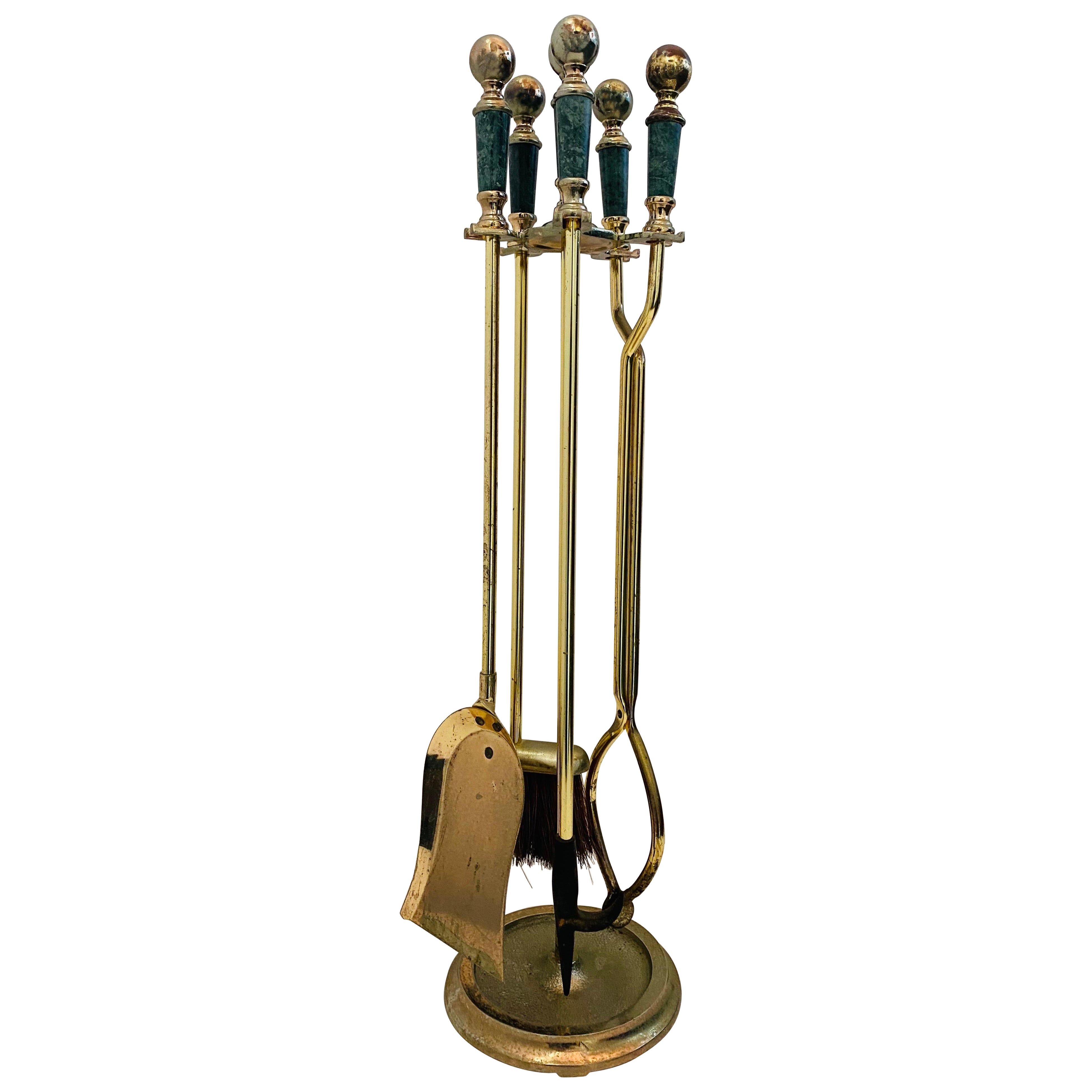 Mid Century Regency Style Brass and Green Marble Tools Set For Sale