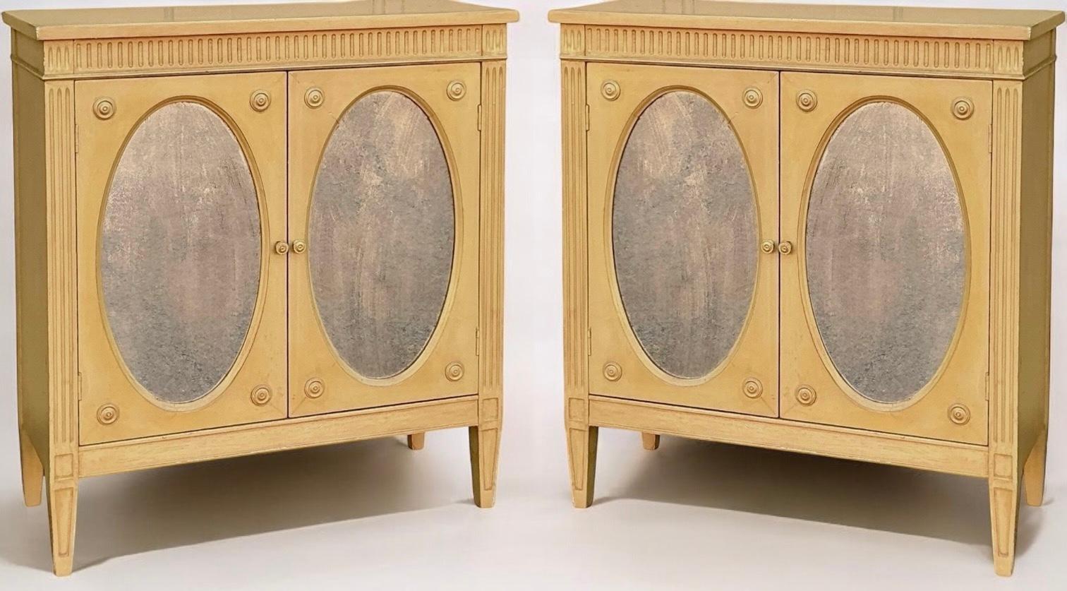 American Mid-Century Regency Style Carved And Mirrored Cabinets / Side Tables - Pair For Sale