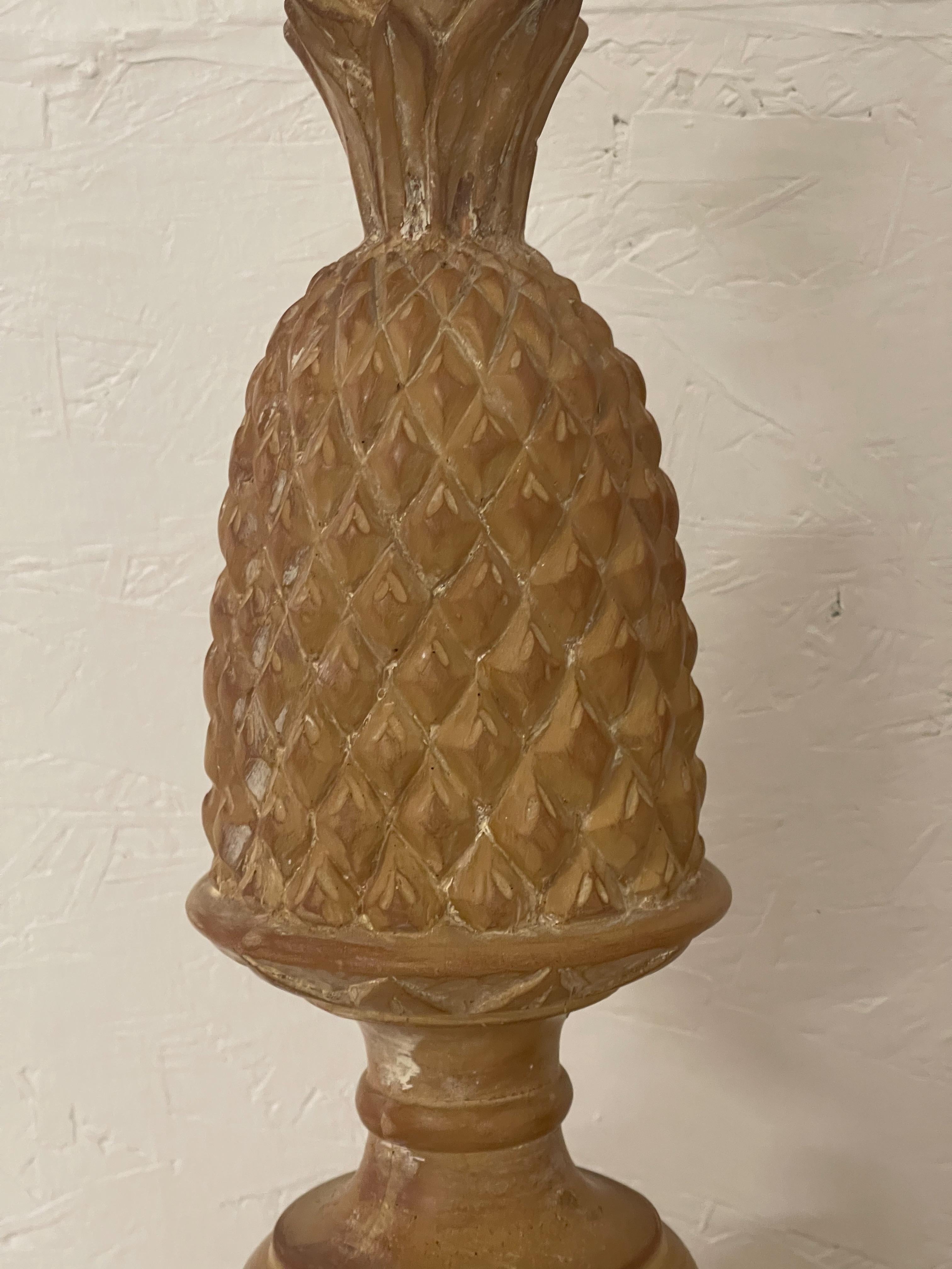 20th Century Mid-Century Regency Style Carved & Cerused Pineapple Table Lamps, Pair For Sale