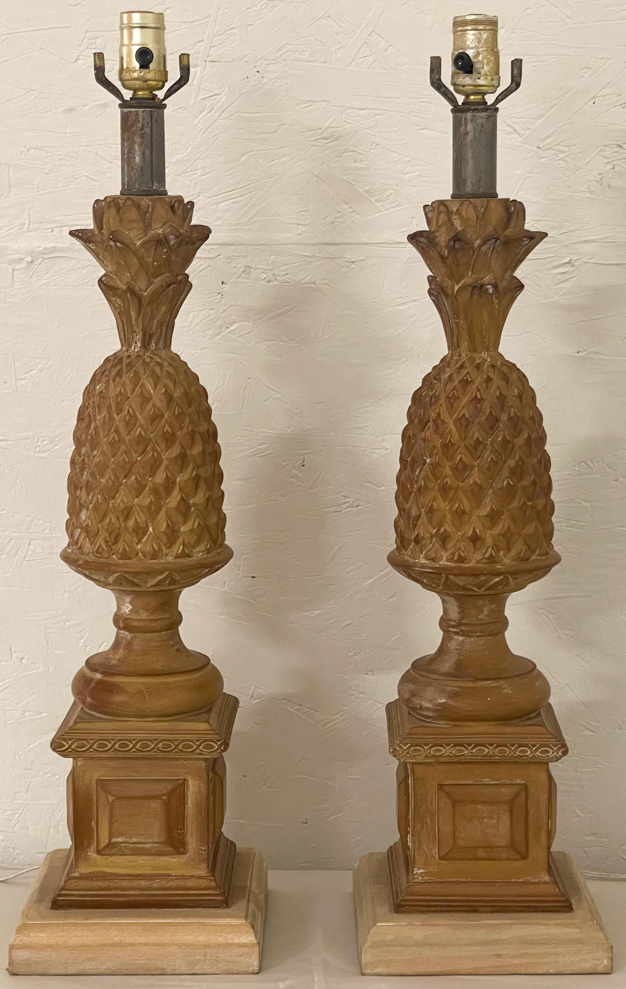 Oak Mid-Century Regency Style Carved & Cerused Pineapple Table Lamps, Pair For Sale