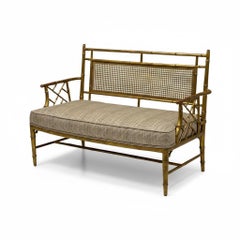 Mid-Century Regency Style Carved Giltwood Faux Bamboo Caned Settee Or Bench