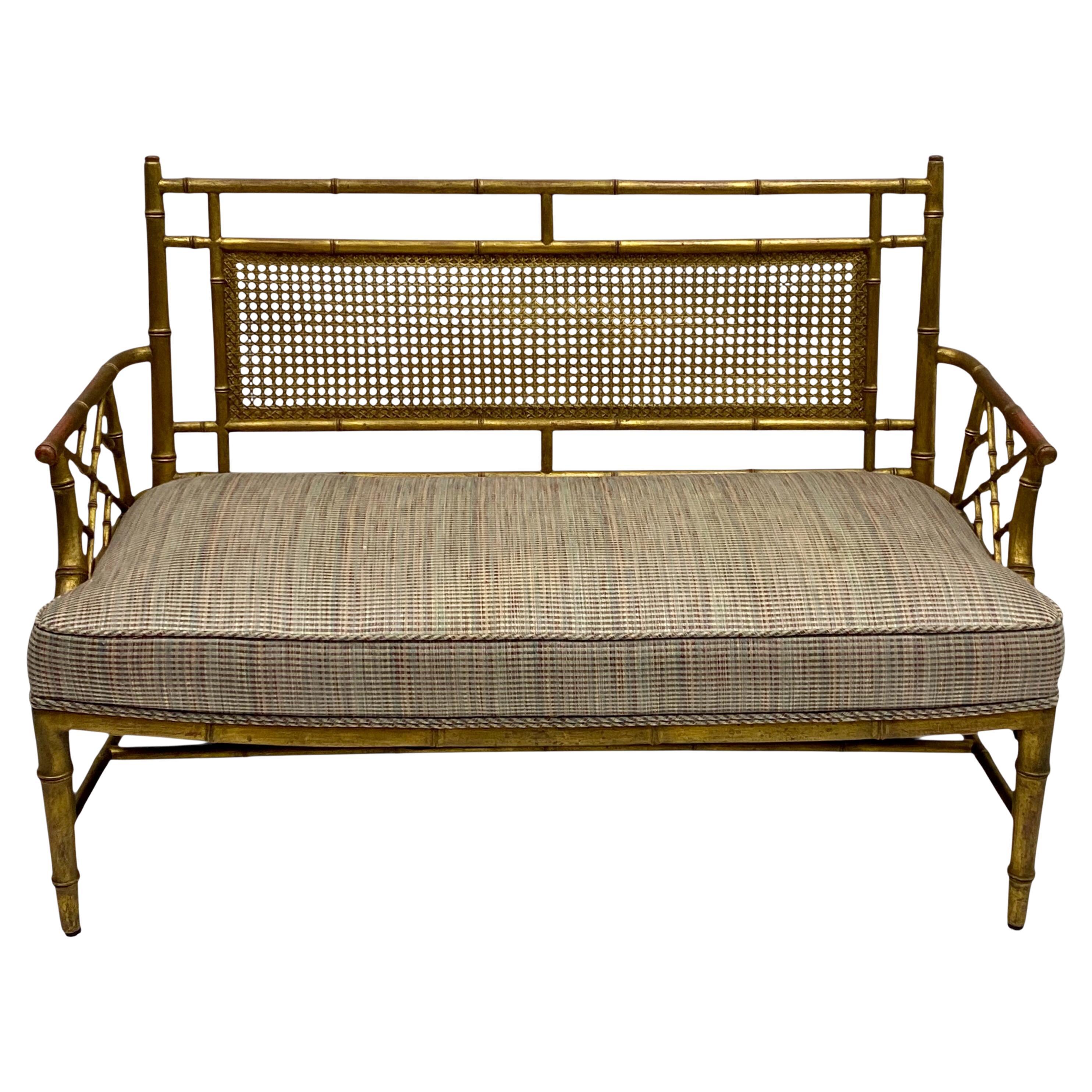 Mid-Century Regency Style Carved Giltwood Faux Bamboo Caned Settee Or Bench
