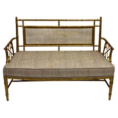 Mid-Century Regency Style Carved Giltwood Faux Bamboo Caned Settee Or Bench