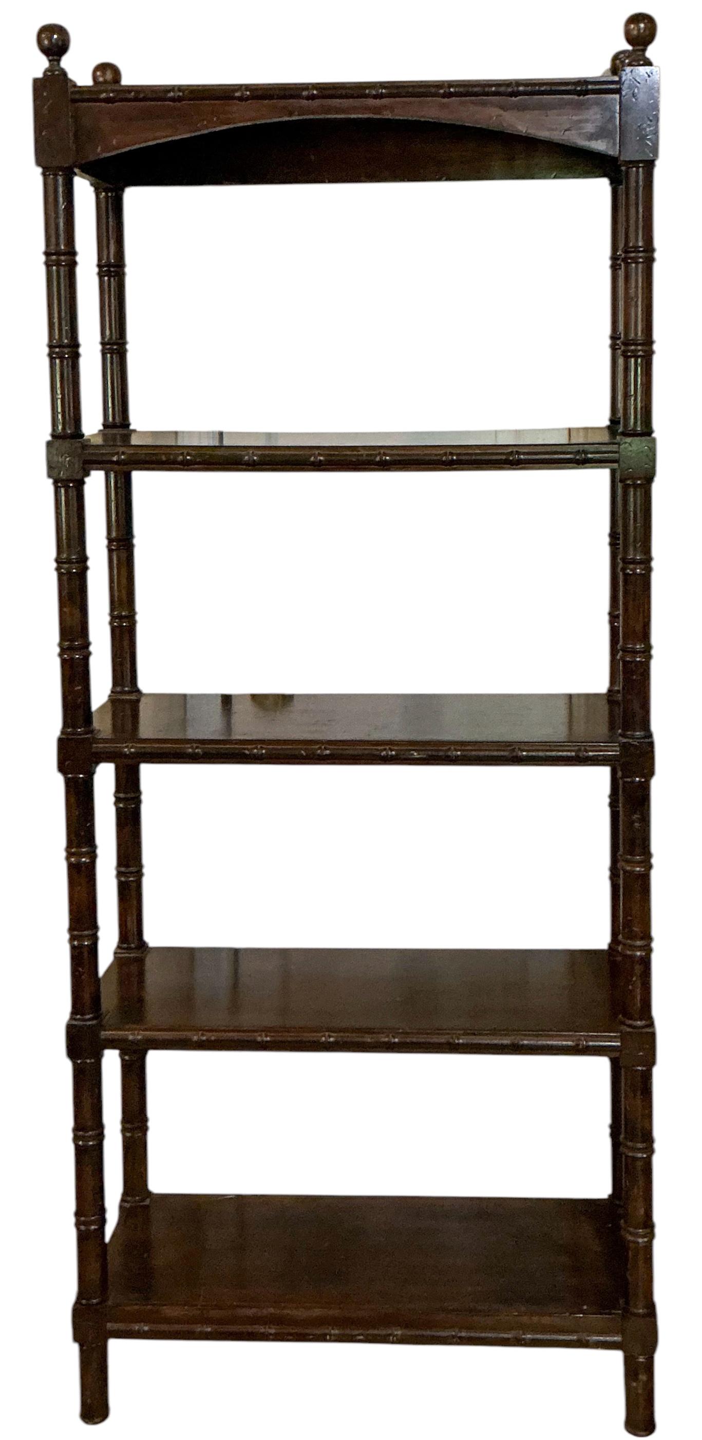 American Mid-Century Regency Style Carved Mahogany Faux Bamboo Etagere / Shelf / Book For Sale