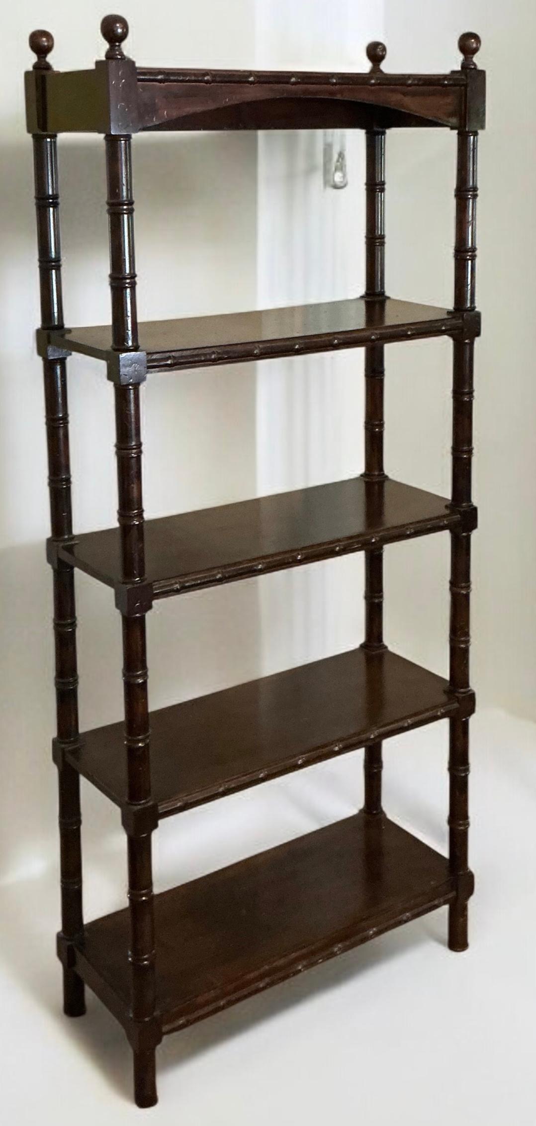 20th Century Mid-Century Regency Style Carved Mahogany Faux Bamboo Etagere / Shelf / Book For Sale