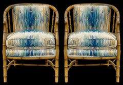 Mid-Century Regency Style Carved & Painted Faux Bamboo Barrel Club Chairs -Pair