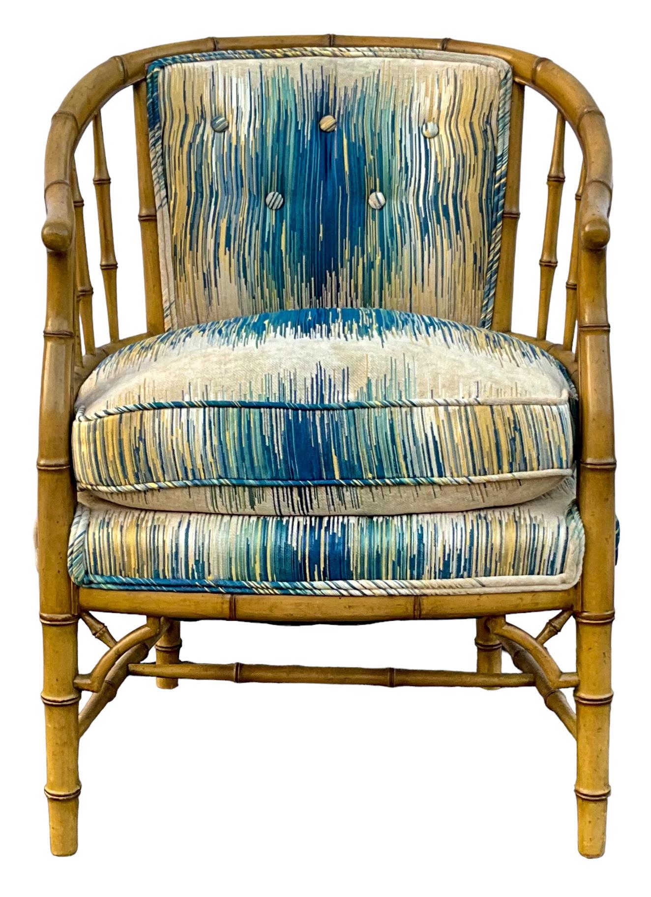 Mid-Century Regency Style Carved & Painted Faux Bamboo Barrel Club Chairs -Pair In Good Condition For Sale In Kennesaw, GA